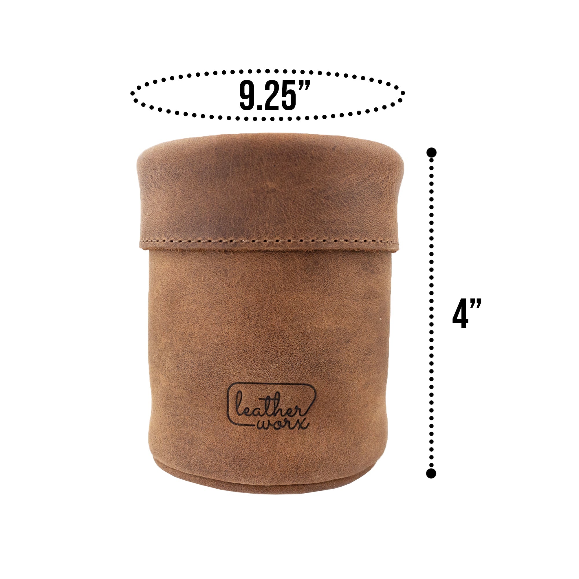 Leather Worx Pen Organizer with dimensions displayed, showcasing its compact and functional design. This Pen Organizer Cylinder Pencil Holder is handcrafted from Full Grain Leather, emphasizing artisan quality from small batch production in La Antigua Guatemala & Oaxaca Mexico.