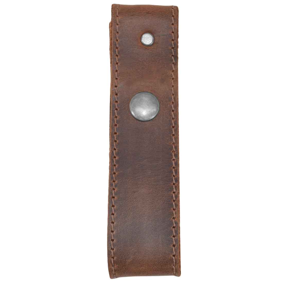 Detail of the Hide & Drink Whip Holster showcasing rustic brown leather with a metal snap, ideal for a unique Bullwhip Holder. This artisanal Whip Holster is made from Full Grain Leather, reflecting StockyardX's commitment to Small Batch Production, Hand Cut, Hand Sewn, and Fire Branded craftsmanship, all Handmade in La Antigua Guatemala & Oaxaca Mexico.