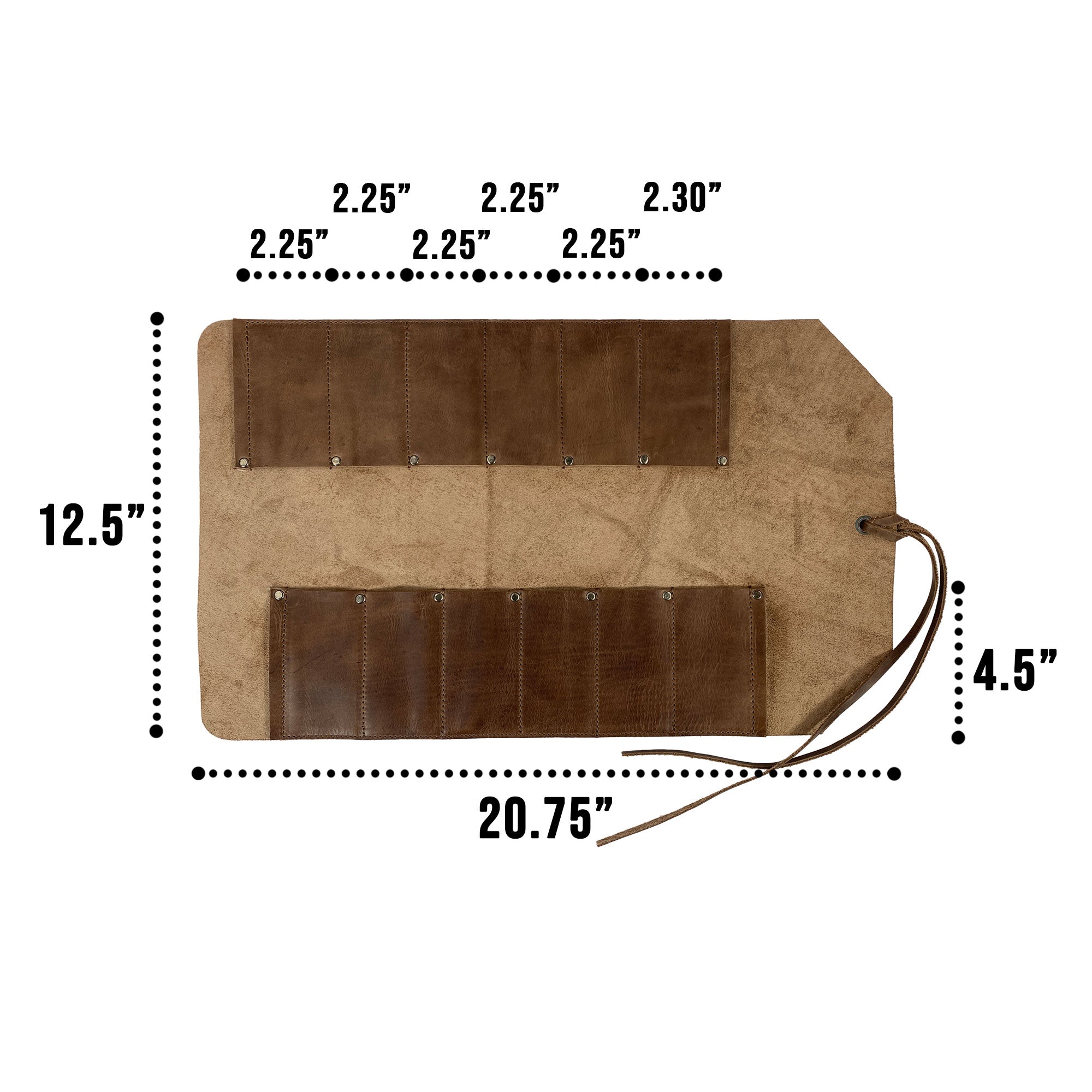 Detailed dimensions of the 12 Pocket Tool Roll - Home Storage from Heavy Duty Hide, highlighting its practical design and Full Grain Leather material. This versatile storage solution serves as a portable carry-on pouch, perfect for woodworking tools and artisan handmade in La Antigua Guatemala.