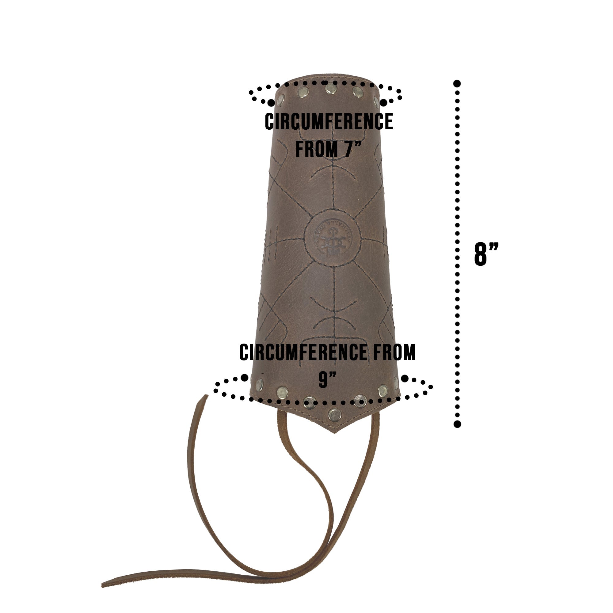 Illustration showing the measurements of a Viking Bracer by Valhalla Gear, offering vital sizing info. This Viking Bracer (2 pack) combines comfort and functionality with its full grain leather make. Ideal for medieval enthusiasts and archers, these durable wrist guards are handmade in La Antigua Guatemala, ensuring a genuine artisan experience.