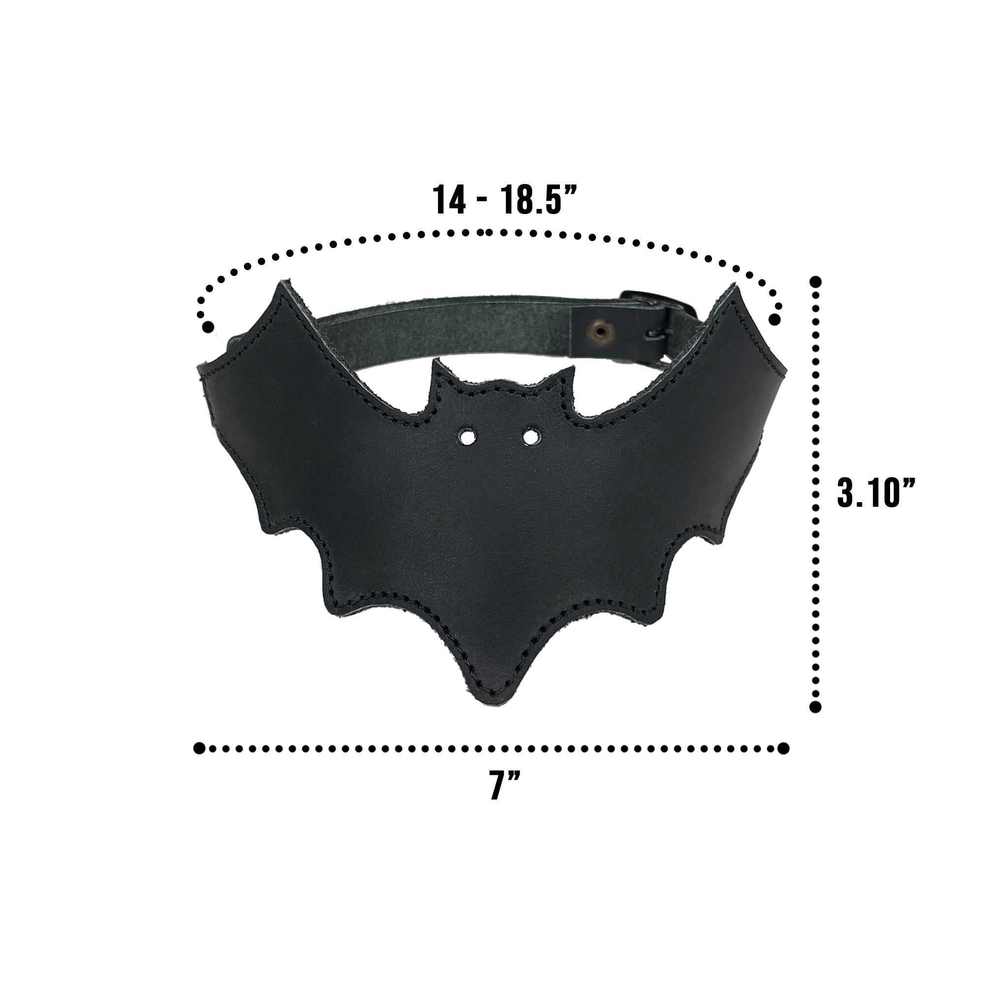 Dimensional specification of the Bat-man Choker by Hide & Play, outlining its adjustable lengths and unique bat shape. This Bat Choker combines style and durability, making it an essential punk accessory for any wardrobe.