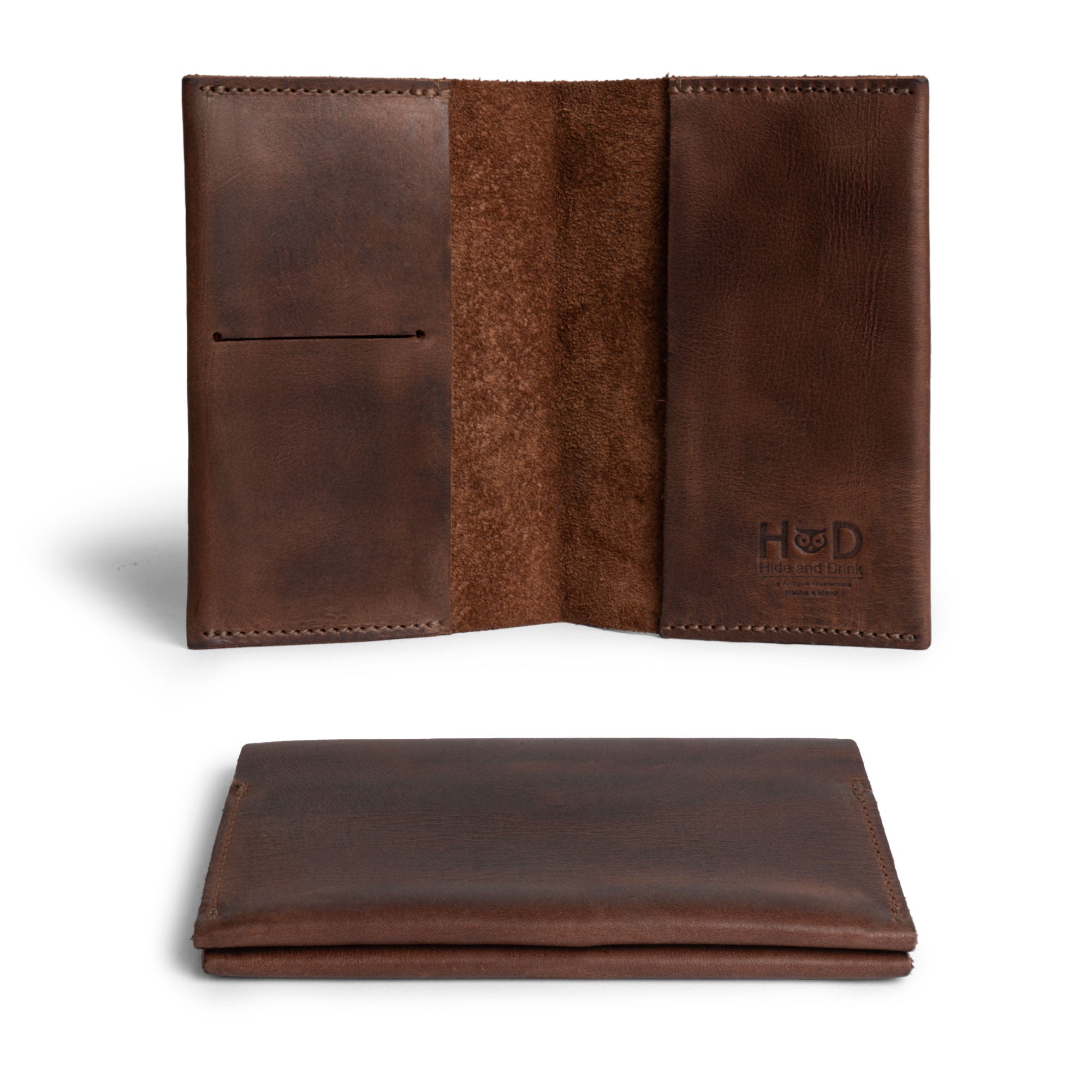 Interior view of the Passport Case With Card Holder from Hide & Drink, highlighting soft leather with a credit card slot. Ideal for organizing bills and essential travel documents, this passport case epitomizes small batch production and artisan quality, made from premium full grain leather in La Antigua Guatemala & Oaxaca Mexico.