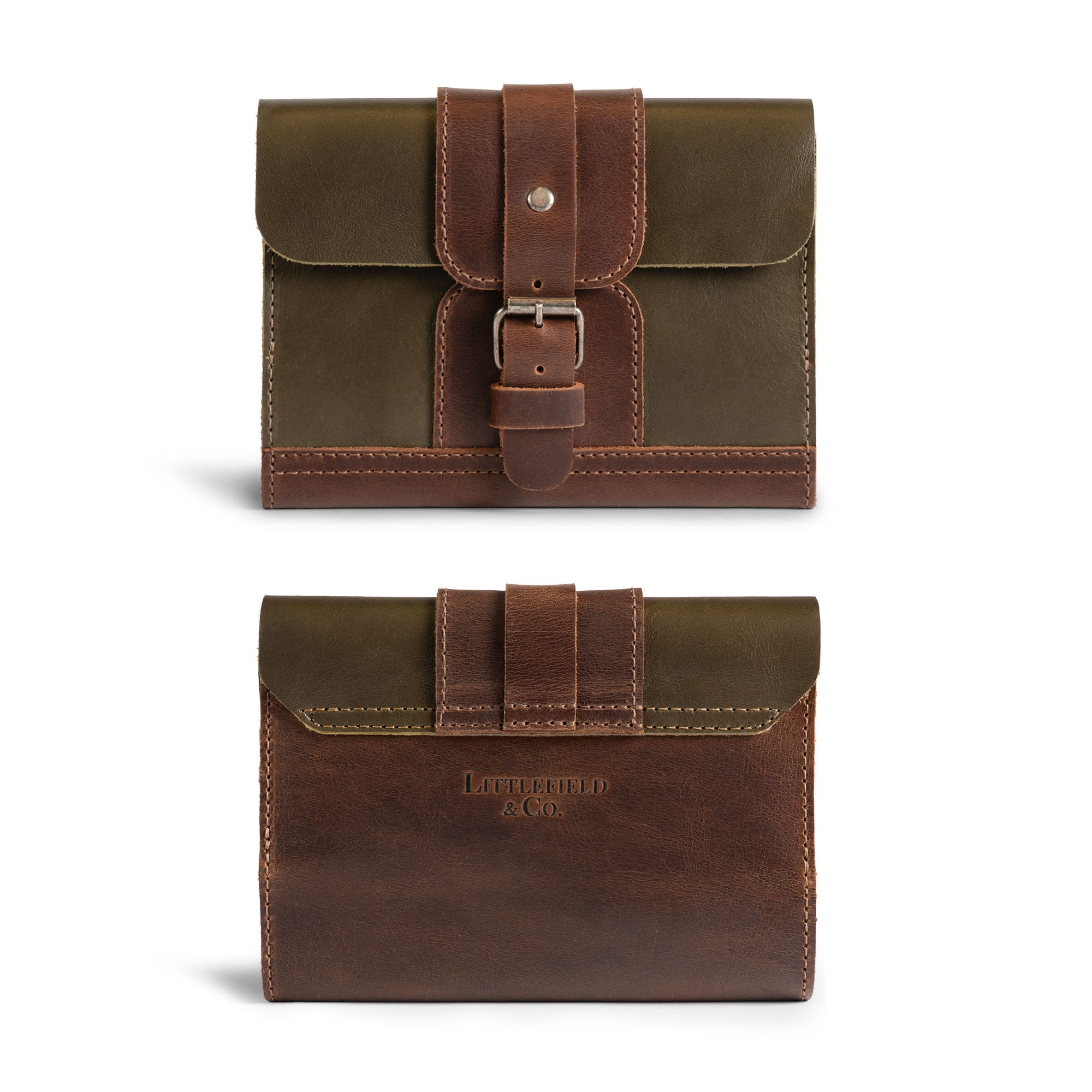 Front and back view of the Vintage Adventure Passport Cover by Littlefield Chicago. This stylish Passport Cover combines functionality with rustic elegance, serving as a wallet organizer for your travel essentials. Made from premium Full Grain Leather, it's a handcrafted piece supporting small batch production with artisan techniques.