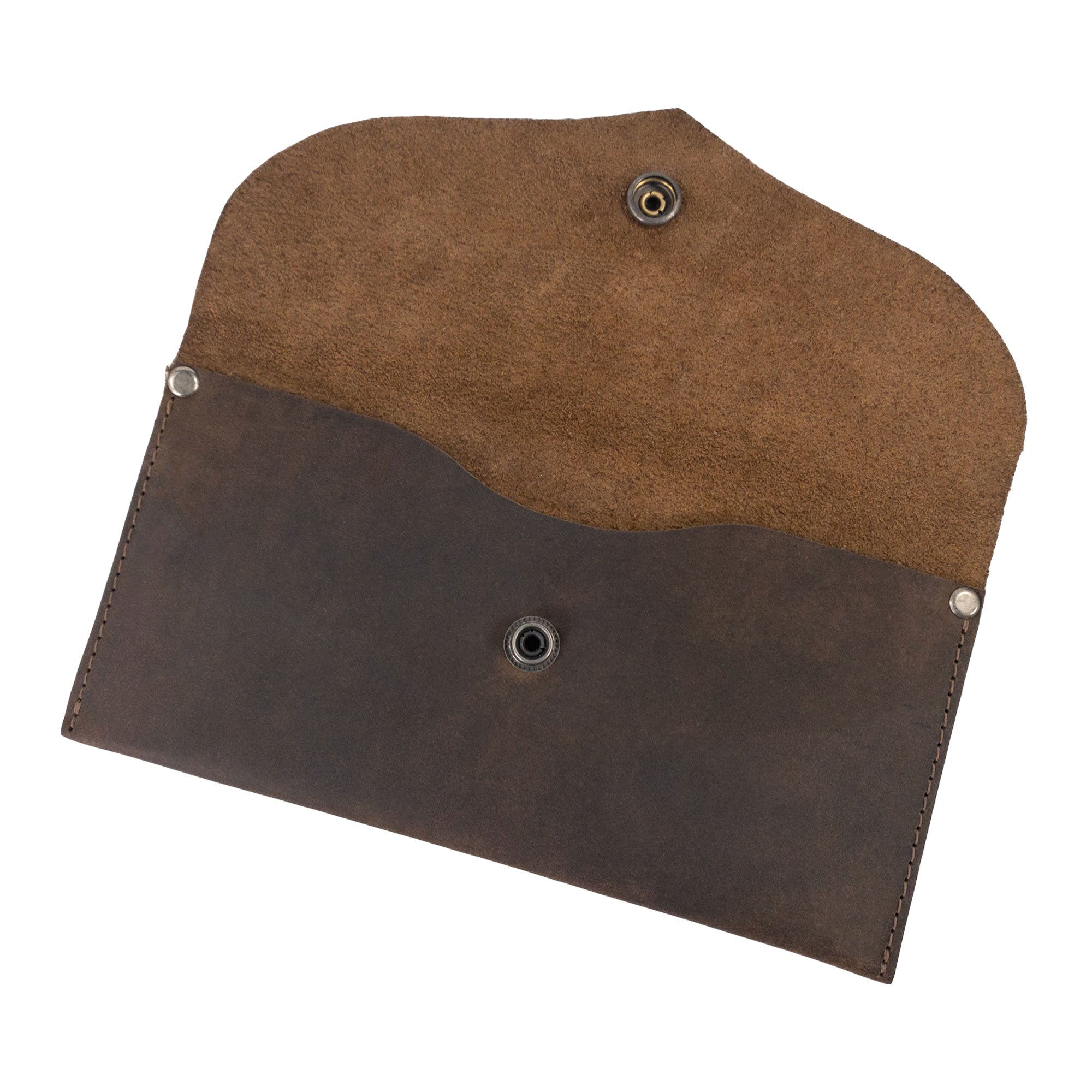 Inside view of the Cash Pouch with Rivets by Hide & Drink, featuring the wallet's soft suede lining. This cash pouch is designed for easy access and organization, making it a perfect bill holder. Cash Pouch, Wallet, Money Organizer, Coin Case, Bill Holder, ID Case, StockyardX, Handmade, Full Grain Leather, Small Batch Production, Hand Cut, Hand Sewn, Fire Branded, Artisan, Handmade in La Antigua Guatemala & Oaxaca Mexico.