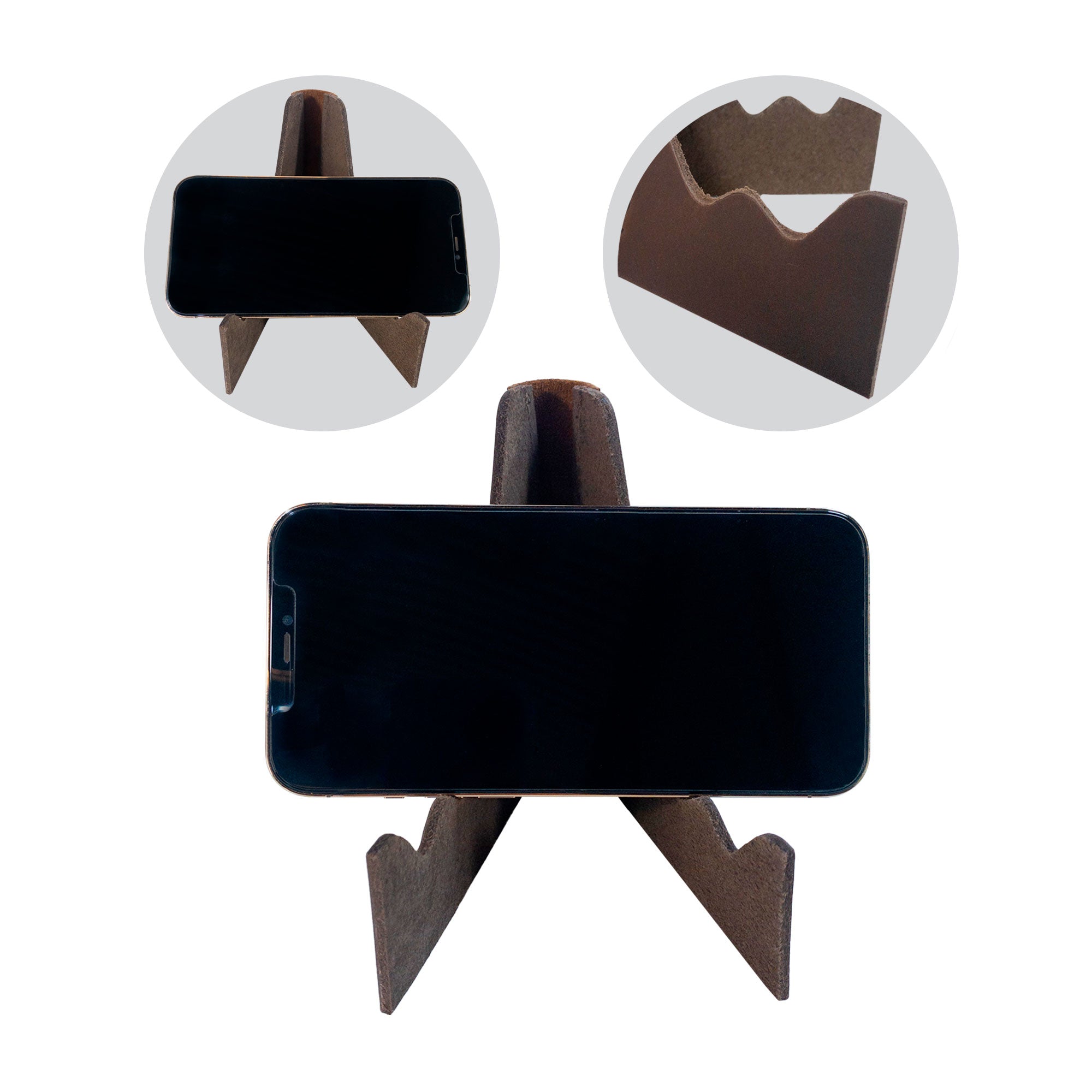 Showing a versatile Leather Worx Cell Phone Stand for Desk, this image highlights its unique foldable design with a smartphone positioned for streaming or browsing. This rustic Cell Phone Holder and office accessory, made from full grain leather, is crafted through small batch production and proudly handmade by artisans in La Antigua Guatemala & Oaxaca Mexico.
