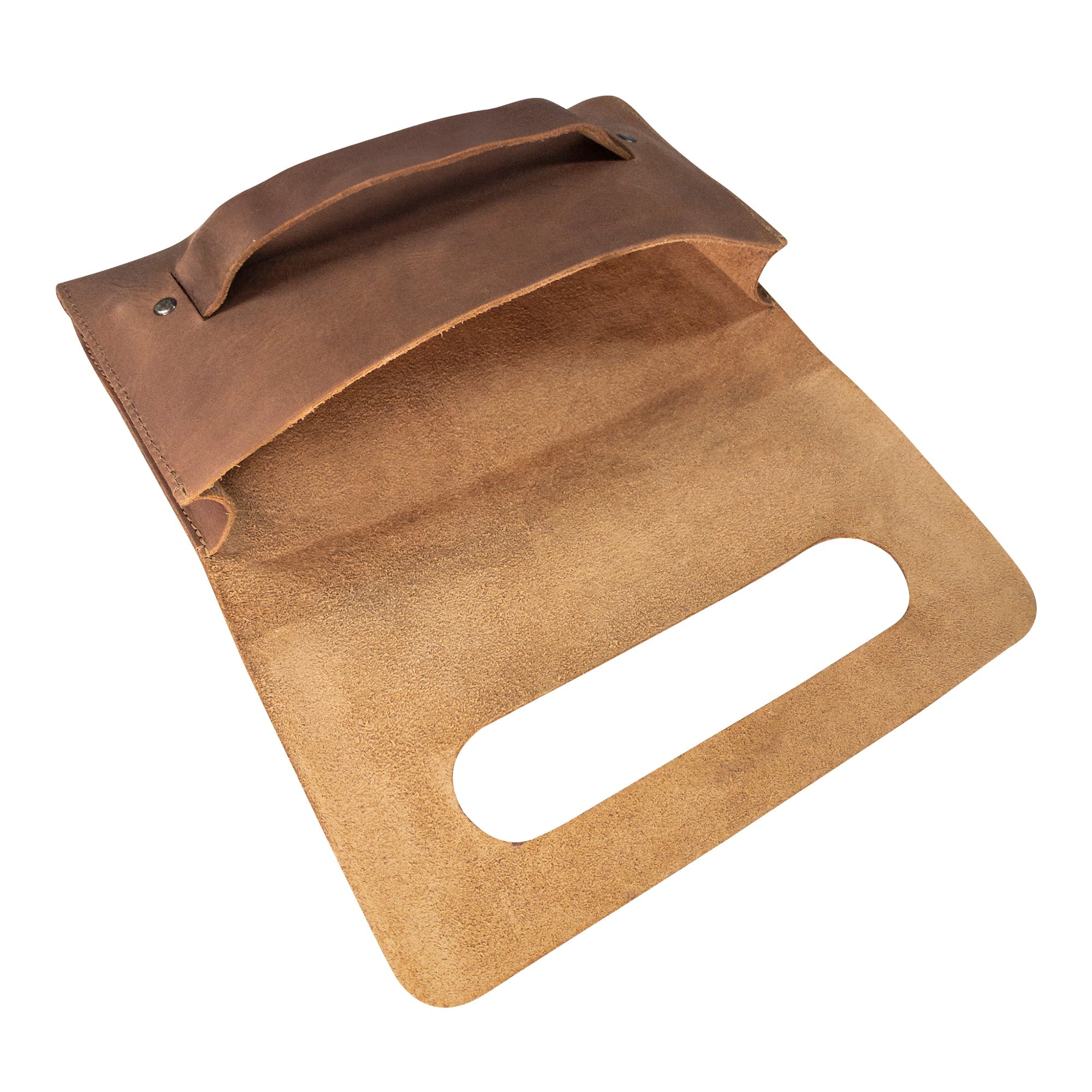 Open view of the brown Clutch Bag With Handle by Hide & Drink, highlighting its elegant design. This Full Grain Leather Clutch Bag is perfect for women as a stylish handbag or night bag, crafted in Guatemala and Mexico.