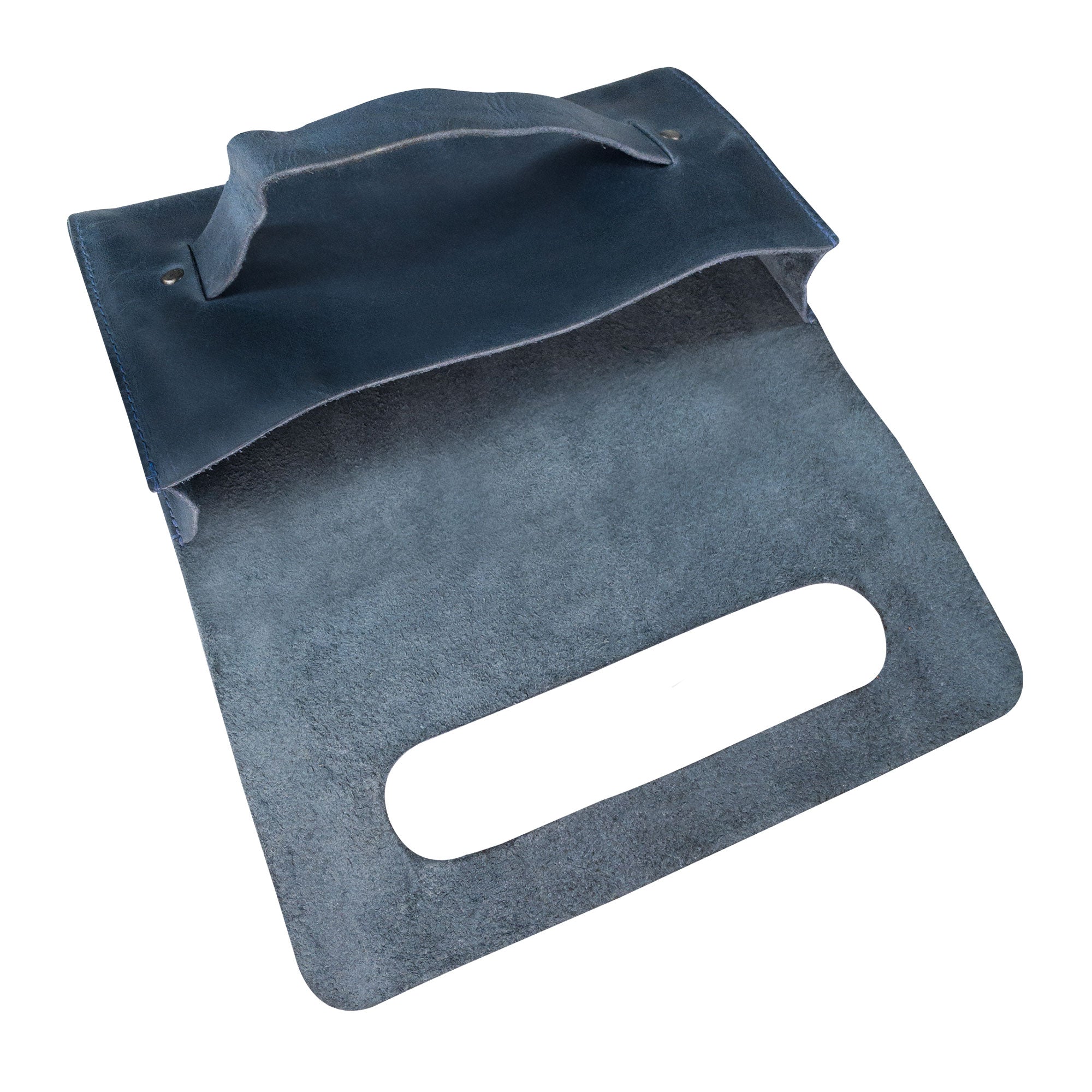 Open interior of the navy Clutch Bag With Handle by Hide & Drink, demonstrating its functional elegance. This Full Grain Leather Clutch Bag with Handle is perfect for women, crafted with artisan skill in La Antigua Guatemala & Oaxaca Mexico.
