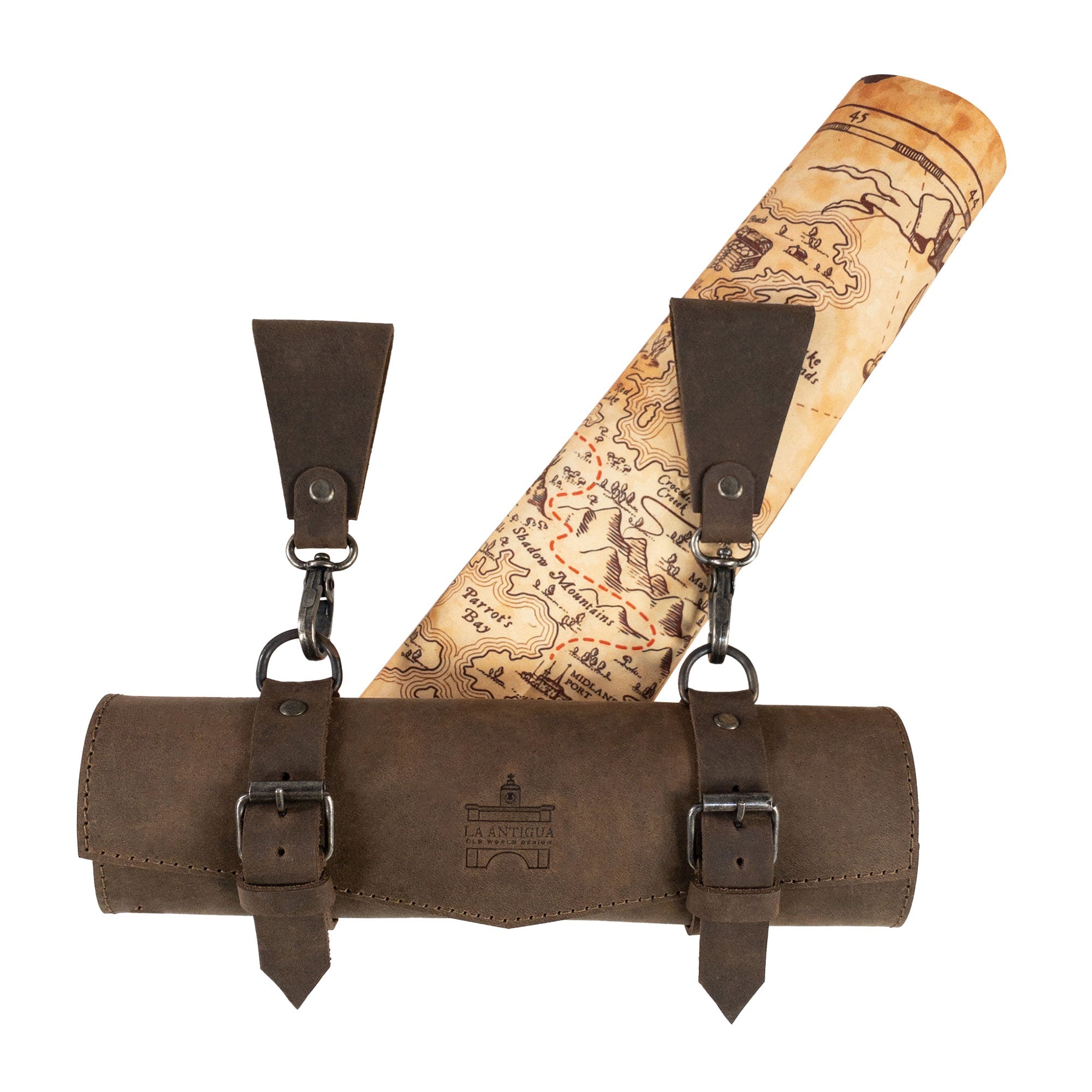 La Antigua‚Äôs Map Holder for Belt elegantly displays a rolled map, emphasizing its rustic appeal and practical design. Made with durable full grain leather, this heavy-duty multitool organizer is hand cut and hand sewn, featuring fire branding for authenticity, crafted in La Antigua Guatemala & Oaxaca Mexico.