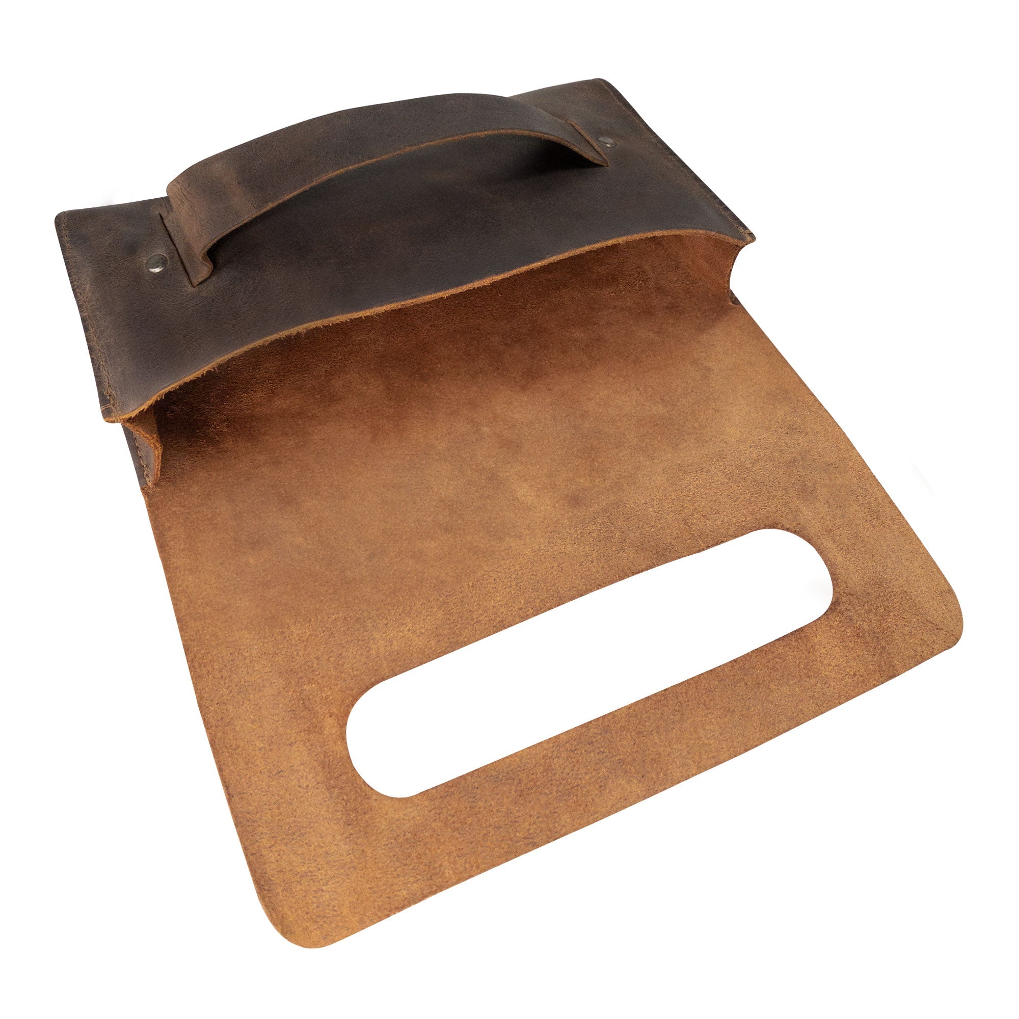 Open view of the Clutch Bag With Handle from Hide & Drink, demonstrating its functional design. This Full Grain Leather Clutch Bag with Handle is an elegant choice for women, a perfect handbag for girls and night bag for ladies, lovingly handmade in Guatemala and Mexico.