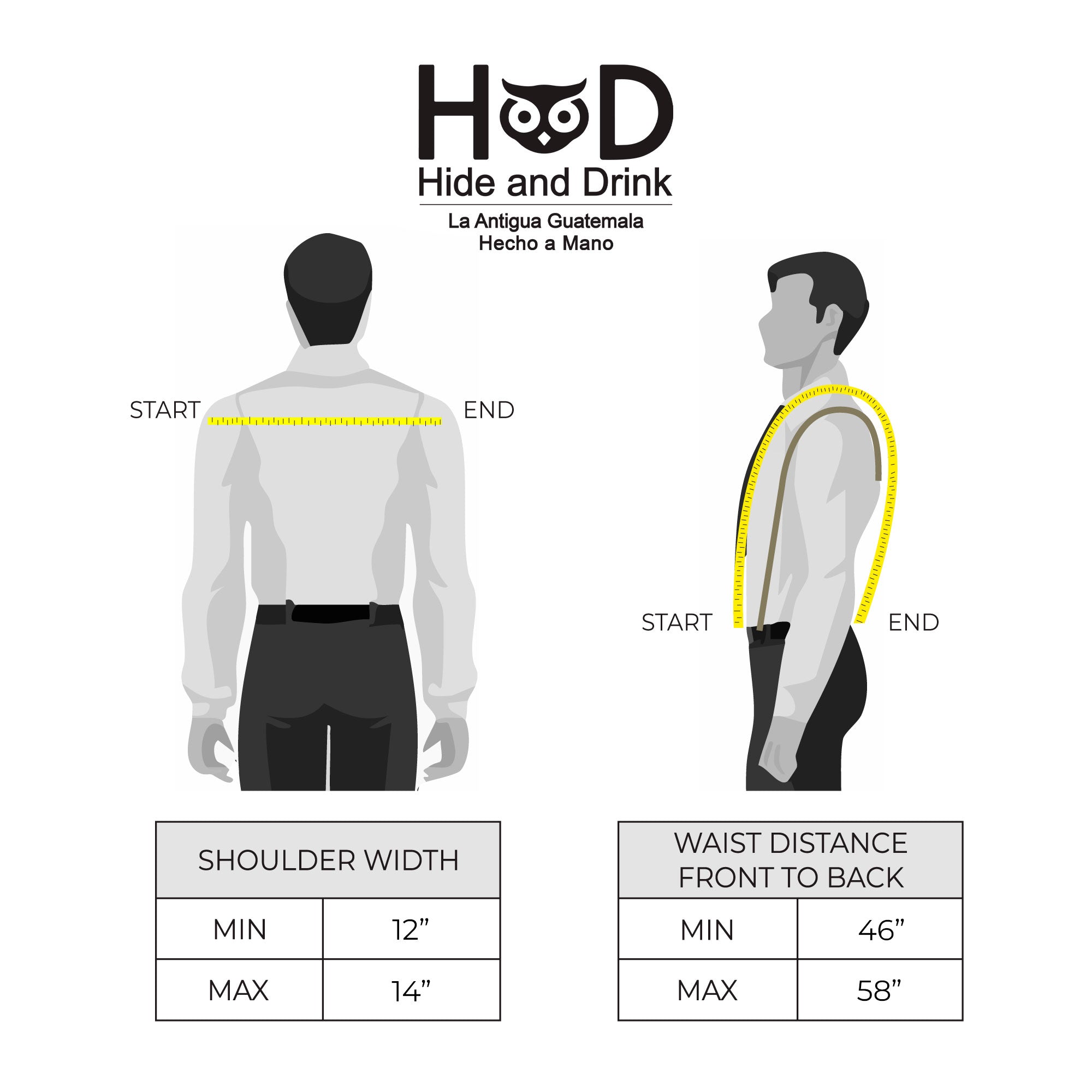 Measurement guide for Renaissance Suspenders by Hide & Drink. Ideal for groomsmen and best men, these full grain leather suspenders provide back support harness features. Handmade in La Antigua Guatemala and Oaxaca Mexico, each piece is artisan crafted.