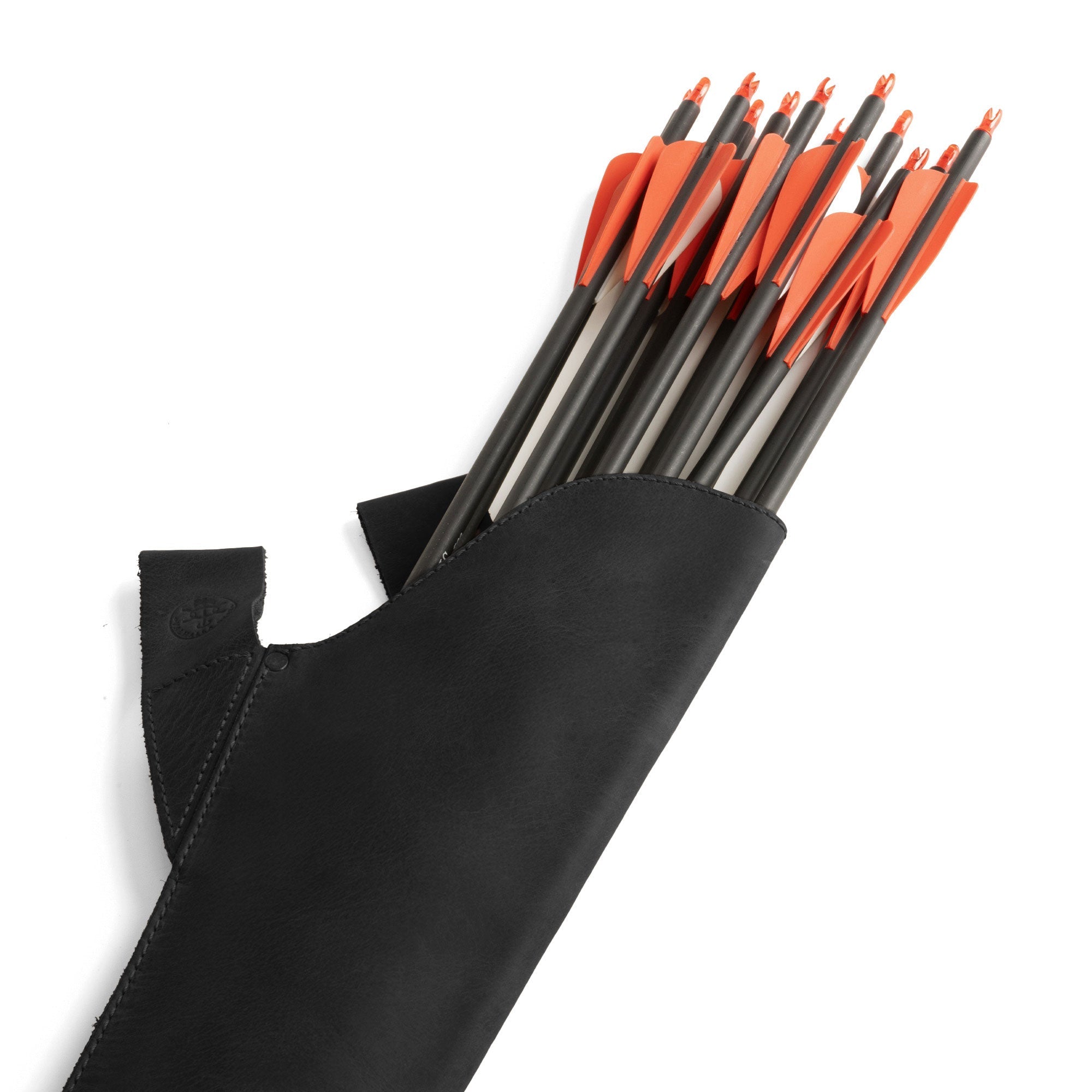 Close-up of black Valhalla Gear Hip Quiver filled with colorful arrows, showcasing its practical use. This Leather Hip Quiver for Arrows fits well as a Hunting Quiver Arrow Holder and an Archery Quivers Holder. It‚Äôs the best compound bow arrow quiver for recurve and back quivers, handmade with love and craftsmanship in La Antigua Guatemala, featuring hand cut, hand sewn artistry.