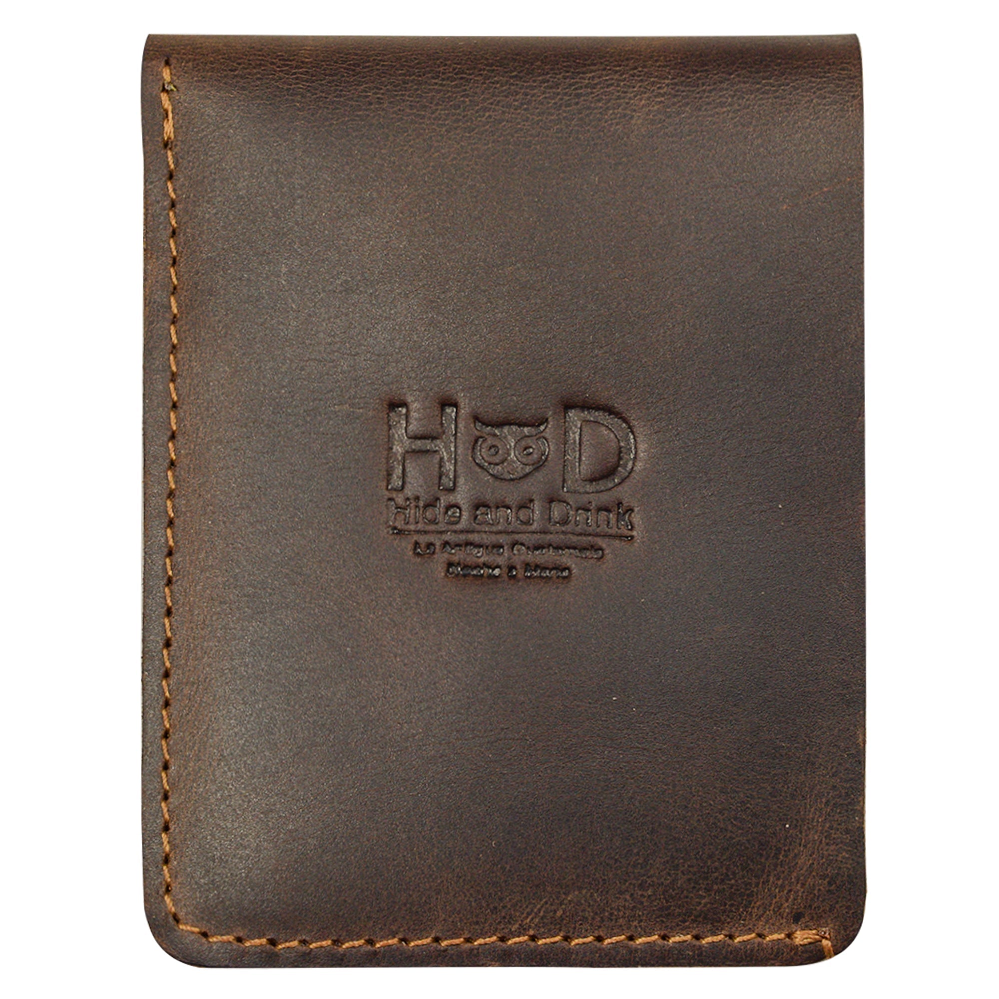 Back view of the Vertical Wallet by Hide & Drink featuring the brand logo embossed on high-quality leather. This Vertical Front Pocket Wallet with Card Slot combines compact storage for bills and card holder functionality, showcasing the craftsmanship of small batch production, hand cut, and hand sewn goods by artisans, fire branded. Handmade in La Antigua Guatemala & Oaxaca Mexico.