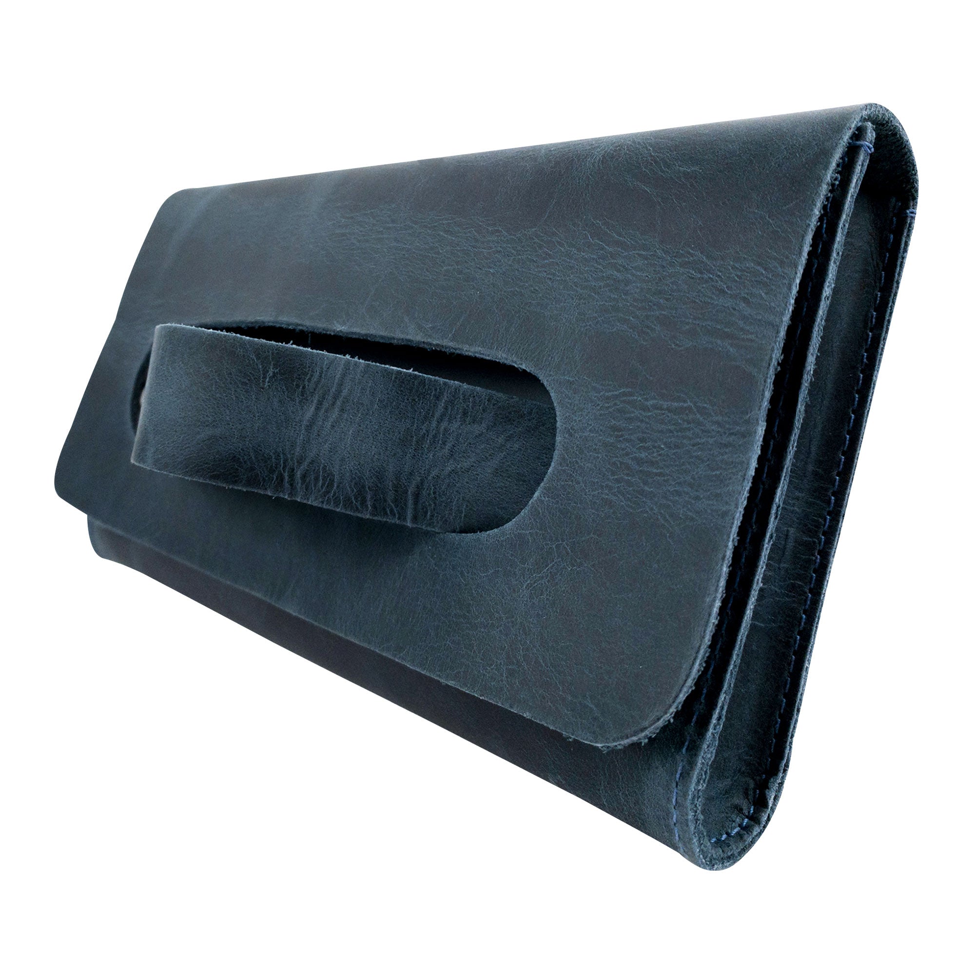 Side view of the navy Clutch Bag With Handle from Hide & Drink, emphasizing its stylish construction. This Full Grain Leather Clutch Bag with Handle is a great choice for women seeking a trendy handbag or night bag, handmade in Guatemala and Mexico.