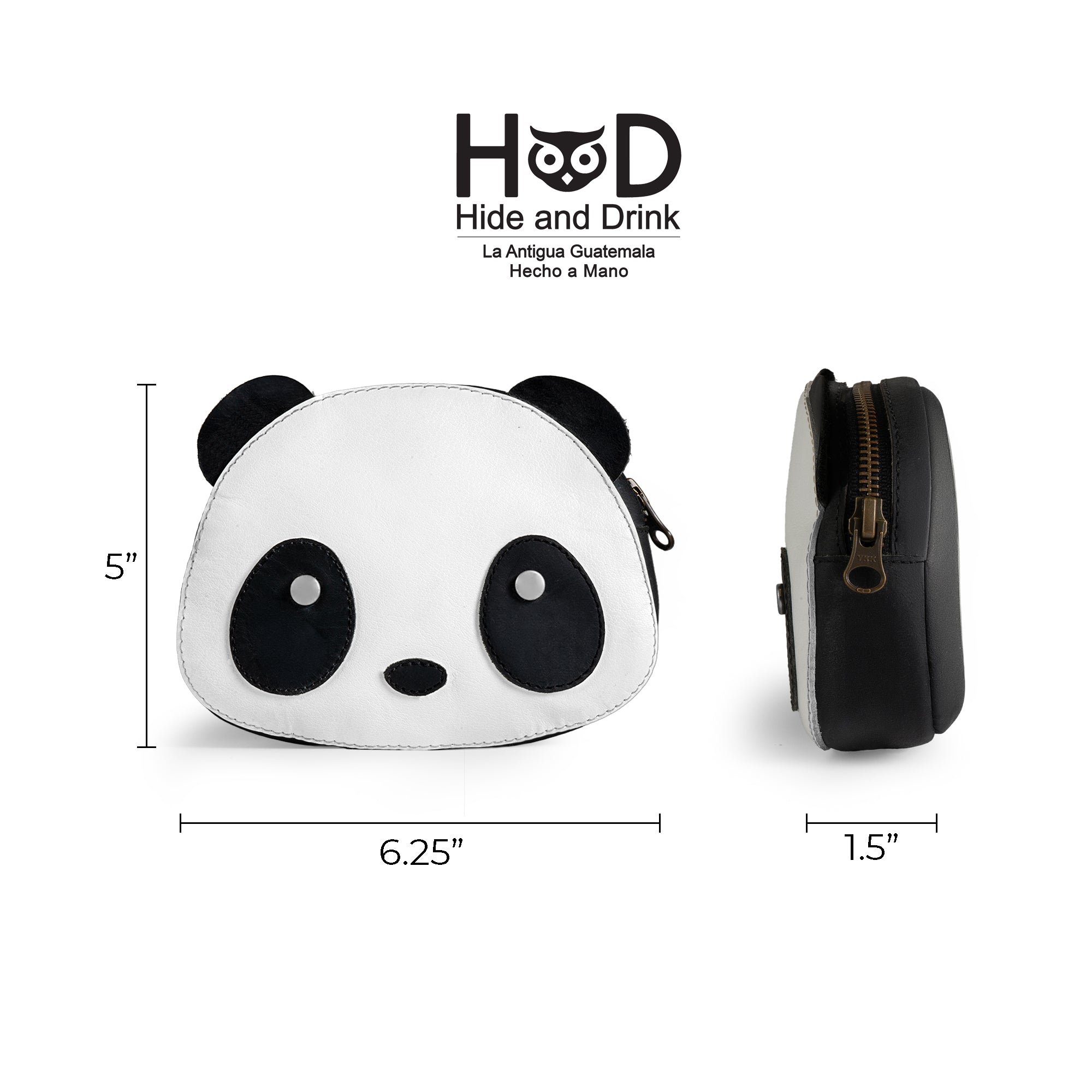 Dimensions of the Panda Head Shape Wallet by Hide & Drink are shown, featuring its cute panda design. Ideal for cash, cables, cards, and travel accessories, this wallet is made from Full Grain Leather with hand cut, hand sewn, fire branded craftsmanship, produced in small batches in La Antigua Guatemala & Oaxaca Mexico.