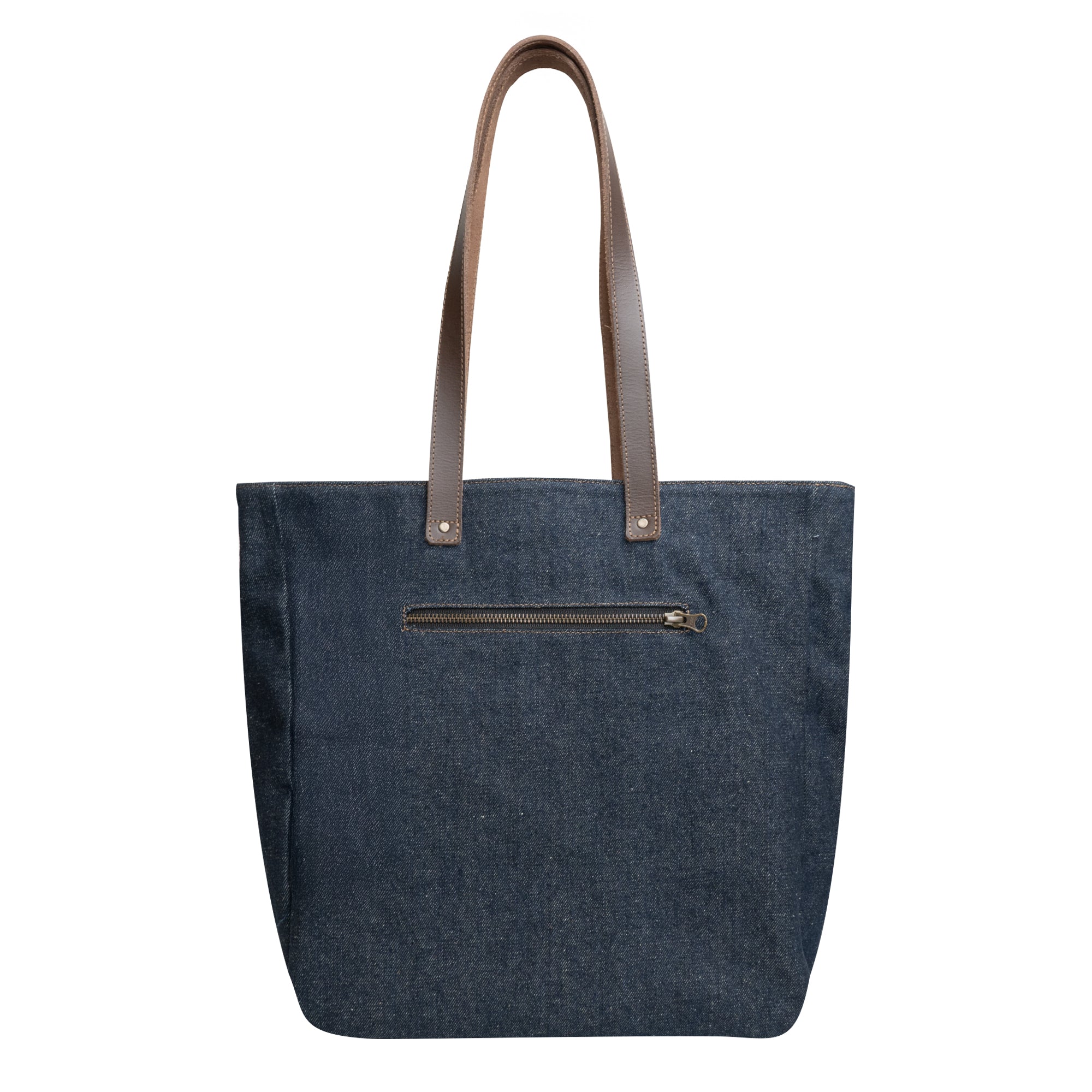 Back view of the Denim Tote Bag with Leather Straps by Hide & Drink, featuring a zippered compartment for extra security. Durable Denim Tote Bag with Leather Straps, Cell Phone Purse, Shoulder Bag for Girls, Full Grain Leather, StockyardX, Small Batch Production, Hand Cut, Hand Sewn, Fire Branded, Artisan, Handmade in La Antigua Guatemala & Oaxaca Mexico.