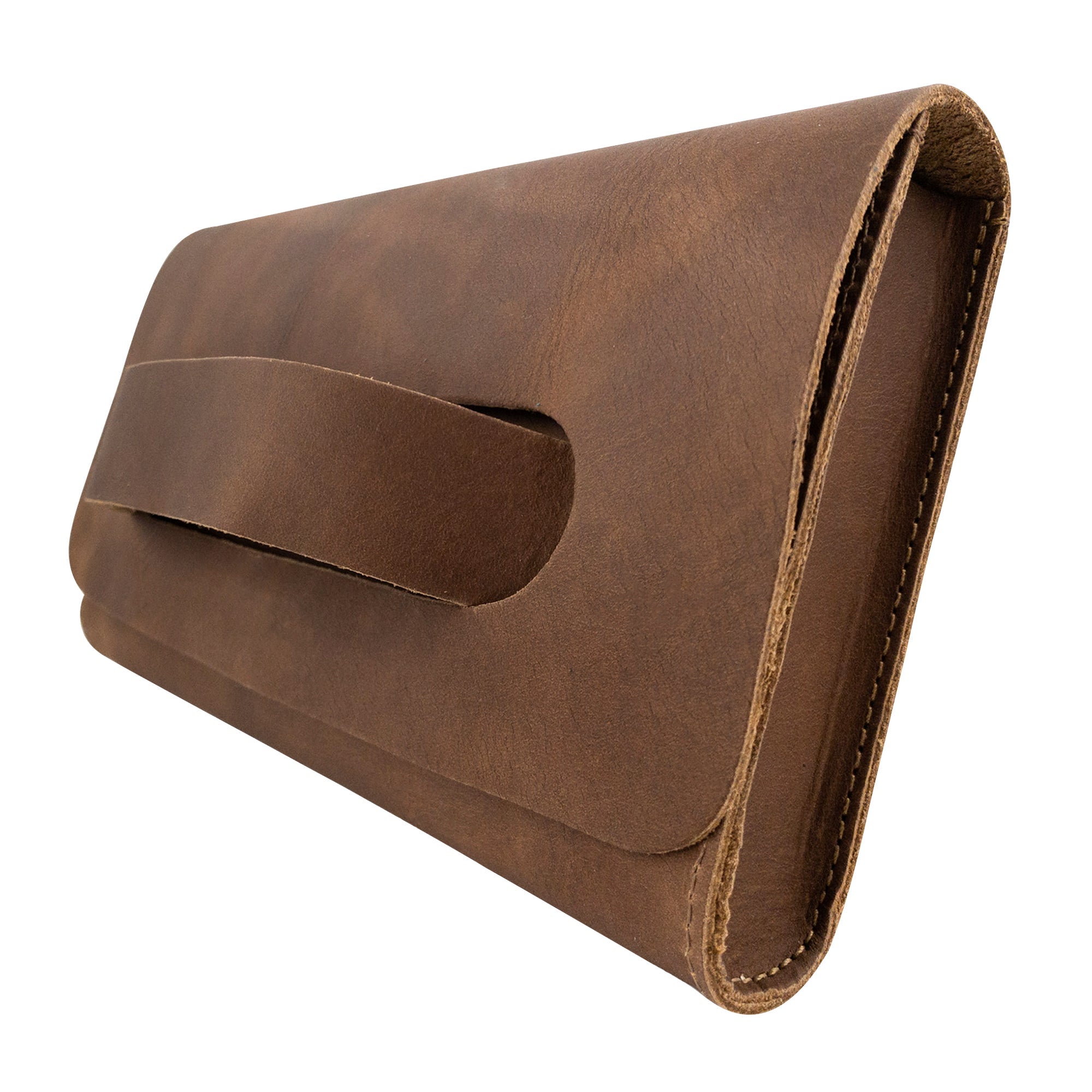 Side view of the brown Clutch Bag With Handle from Hide & Drink, showcasing its beautiful craftsmanship. This Full Grain Leather Clutch Bag with Handle is an excellent choice for women seeking a fashionable handbag or night bag, handmade in Guatemala and Mexico.