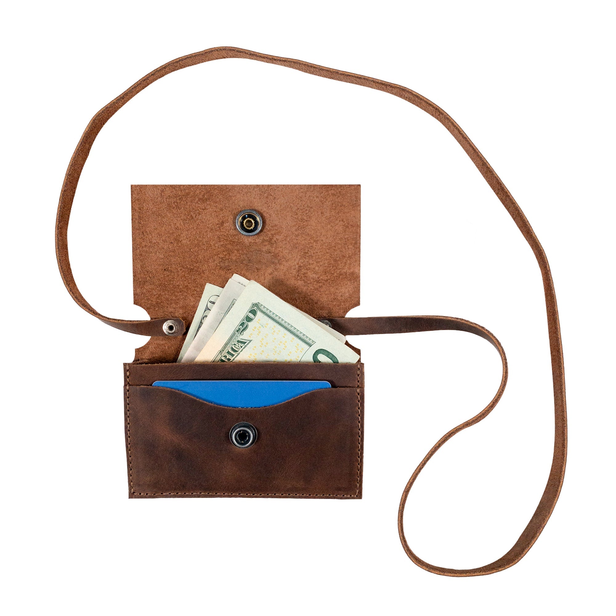 Open view of Heather's Mini Purse Wallet displaying its interior, designed cleverly as a money organizer and card holder. Made from soft full grain leather, this Mini Wallet Purse with Strap is an artisan masterpiece, hand cut, hand sewn, and fire branded, reflecting the craftsmanship from La Antigua Guatemala.