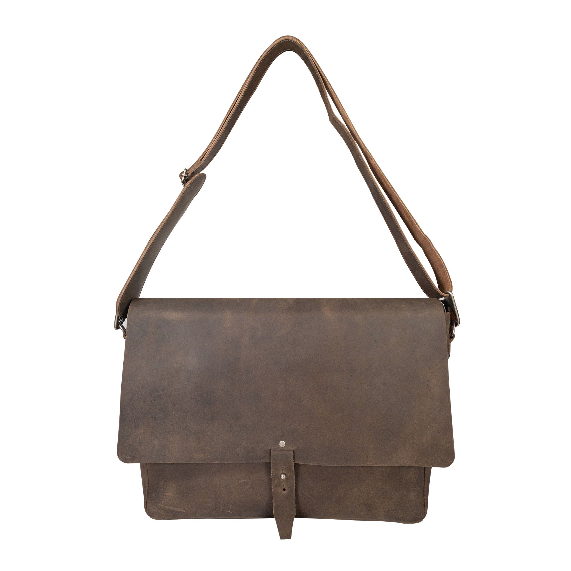 Front view of Hide & Drink's Messenger Bag with Adjustable Strap, crafted from durable full grain leather. This classic portfolio doubles as a travel accessory and includes a messenger bag with shoulder strap, showcasing artisan quality through small batch production methods. Handmade in La Antigua Guatemala & Oaxaca Mexico.