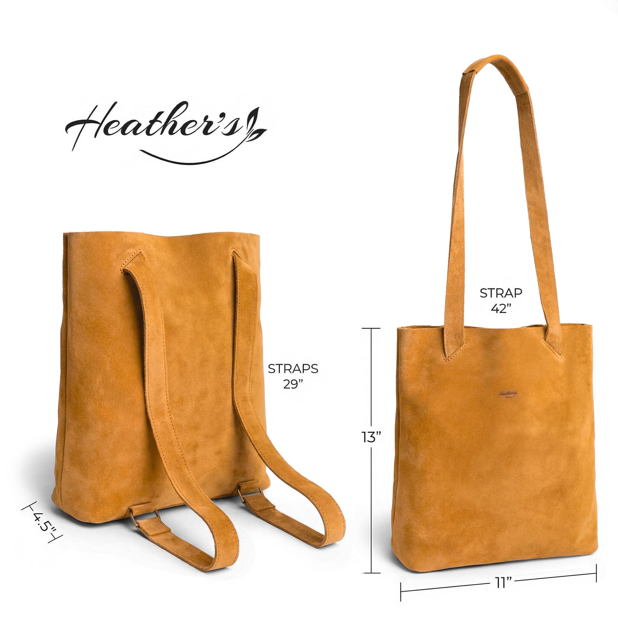 Dimensions of the Convertible Backpack to Shoulder Bag by Heather's, featuring its dual strap design. This squared purse is made of Full Grain Leather and represents the dedication to small batch production, with each bag hand cut, hand sewn, and fire branded by artisans. Handmade in La Antigua Guatemala & Oaxaca Mexico.