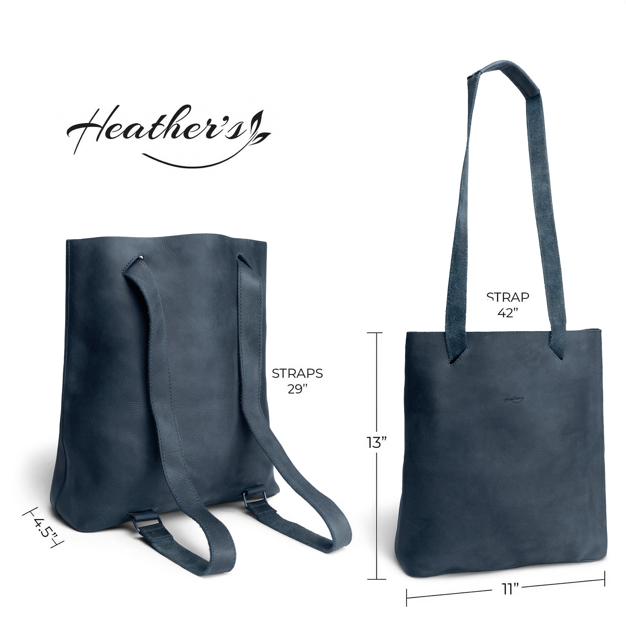 Dimensions illustration of Heather's Convertible Backpack to Shoulder Bag. Featuring adjustable straps and showcasing quality Full Grain Leather, this spacious crossbody for women represents small batch production, hand cut, hand sewn, and fire branded craftsmanship from artisans in La Antigua Guatemala & Oaxaca Mexico.