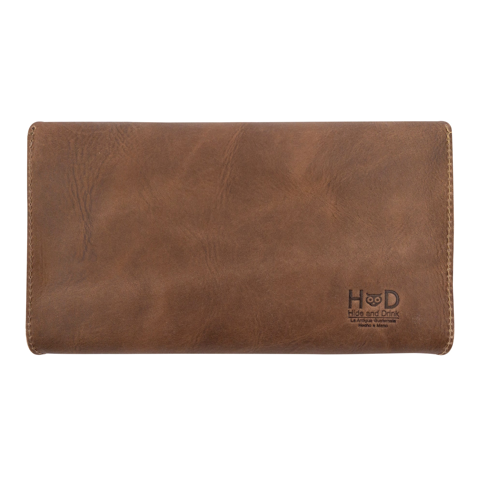Back view of the brown Clutch Bag With Handle by Hide & Drink, emphasizing its simple yet elegant design. This Full Grain Leather Clutch Bag is perfect for women, created with artisan quality in La Antigua Guatemala and Oaxaca Mexico.