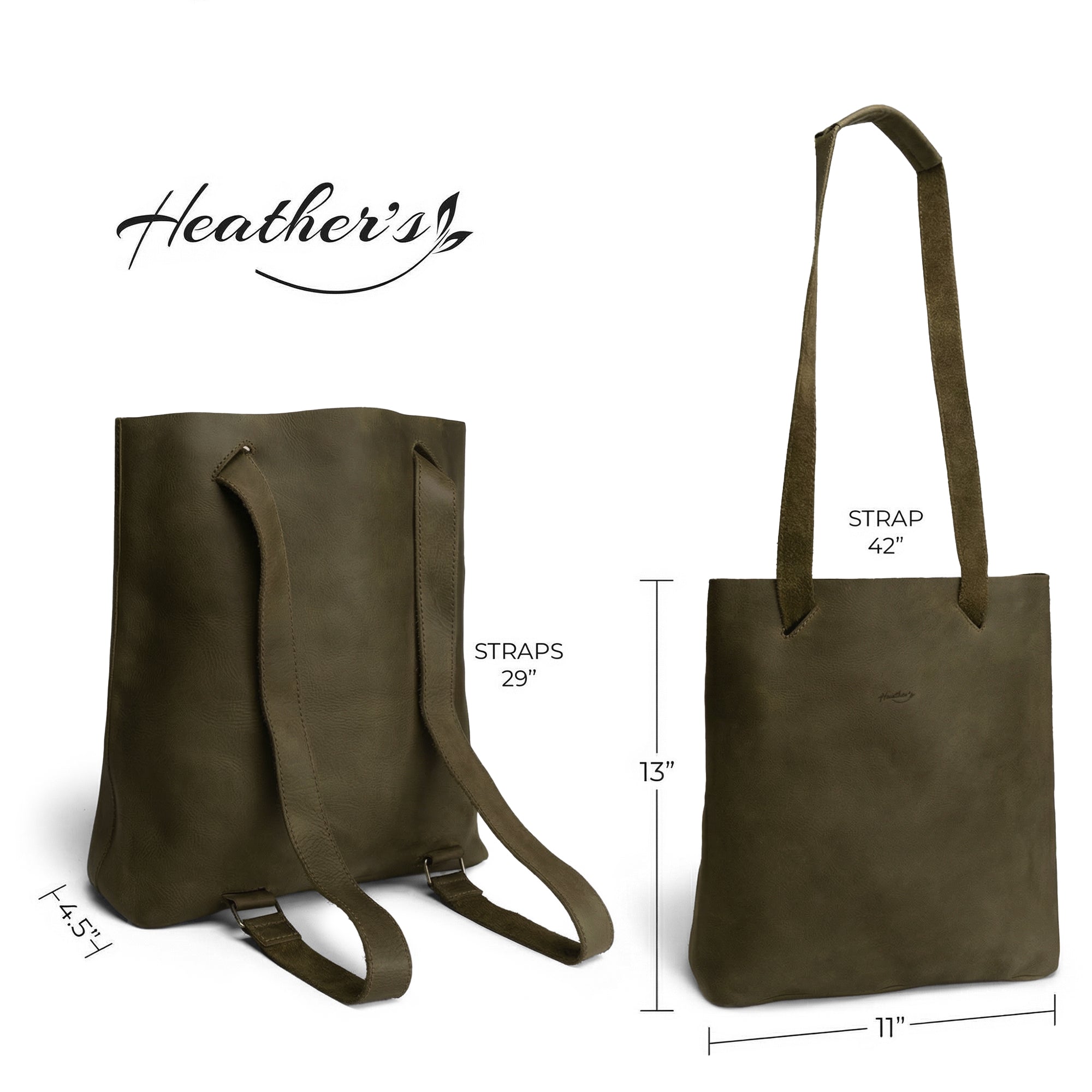 Dimensions of the Convertible Backpack to Shoulder Bag by Heather's are illustrated, showcasing its versatile and functional design. This squared purse is made from full grain leather and serves as a spacious crossbody for women. The craftsmanship highlights small batch production methods, with each bag being hand cut, hand sewn, and fire branded, all handmade in La Antigua Guatemala & Oaxaca Mexico.