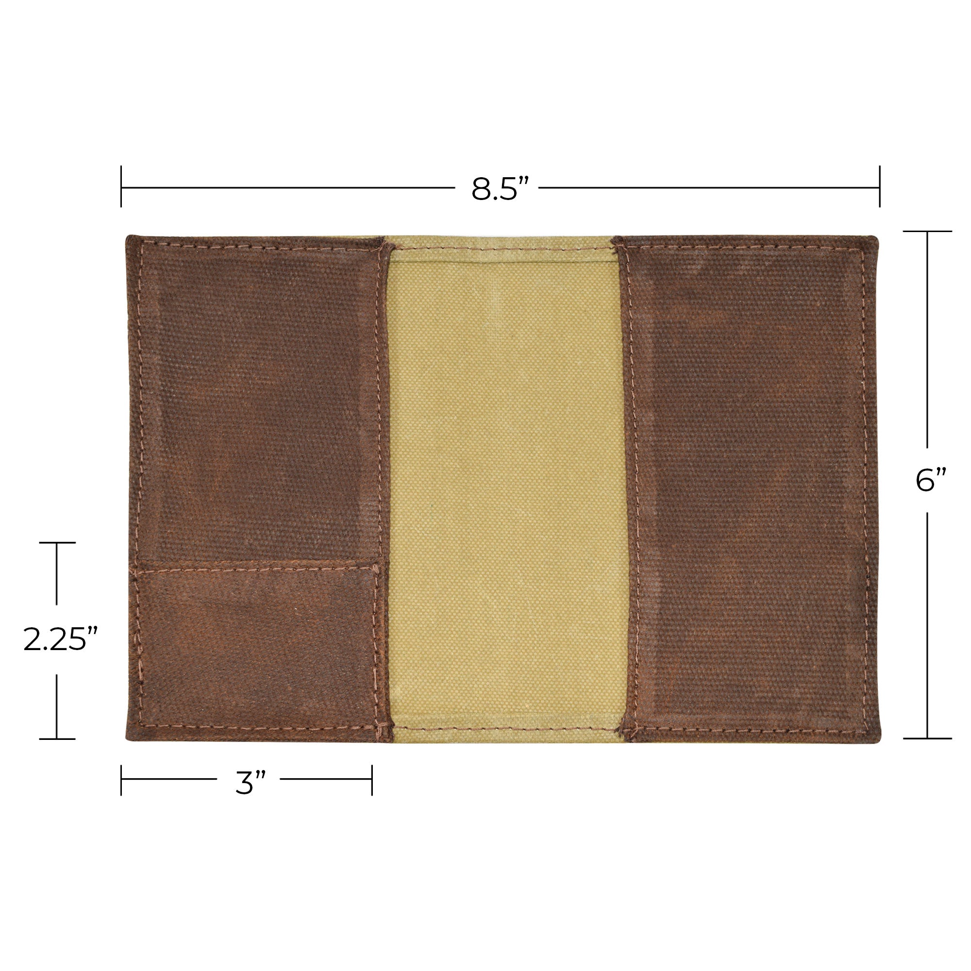 Close up of Hide & Drink Waxed Canvas Field Notes Cover with stickers and tags for added information about the artisan production. The durable design of this Wallet Case (3.5 x 5.5 in.) Journal Cover invites you to jot down thoughts while showcasing premium quality.
