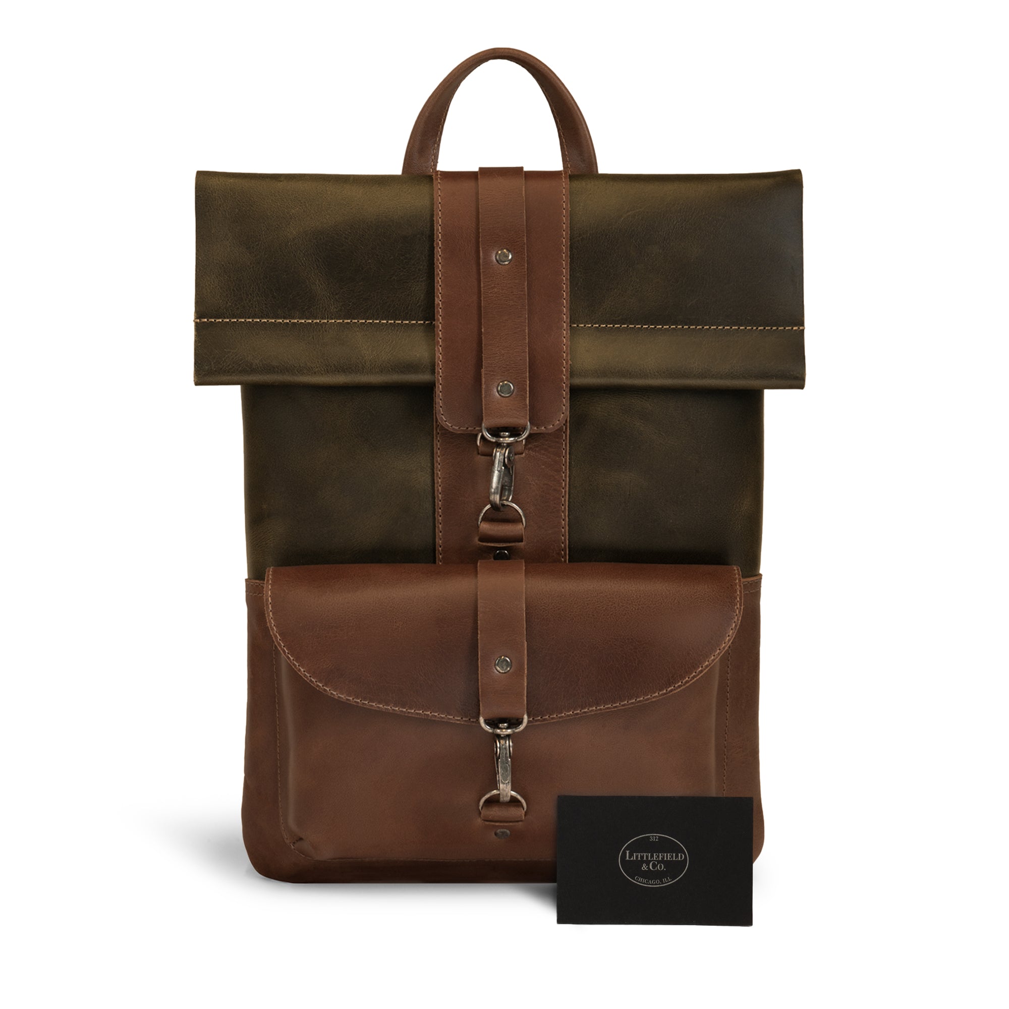 Adventurer Laptop Bag by Littlefield Chicago, displayed with branding card, showcasing its vintage-style design and high-quality craftsmanship. Ideal for stylish tech users. Leather Adventurer Laptop Case, Vintage Sleeve for 13-inch Laptops with Extra Bag for Charger and Cables, Rustic Cover, Travel Accessories, Full Grain Leather, Small Batch Production, Hand Cut, Hand Sewn, Artisan, Handmade in La Antigua Guatemala & Oaxaca Mexico.