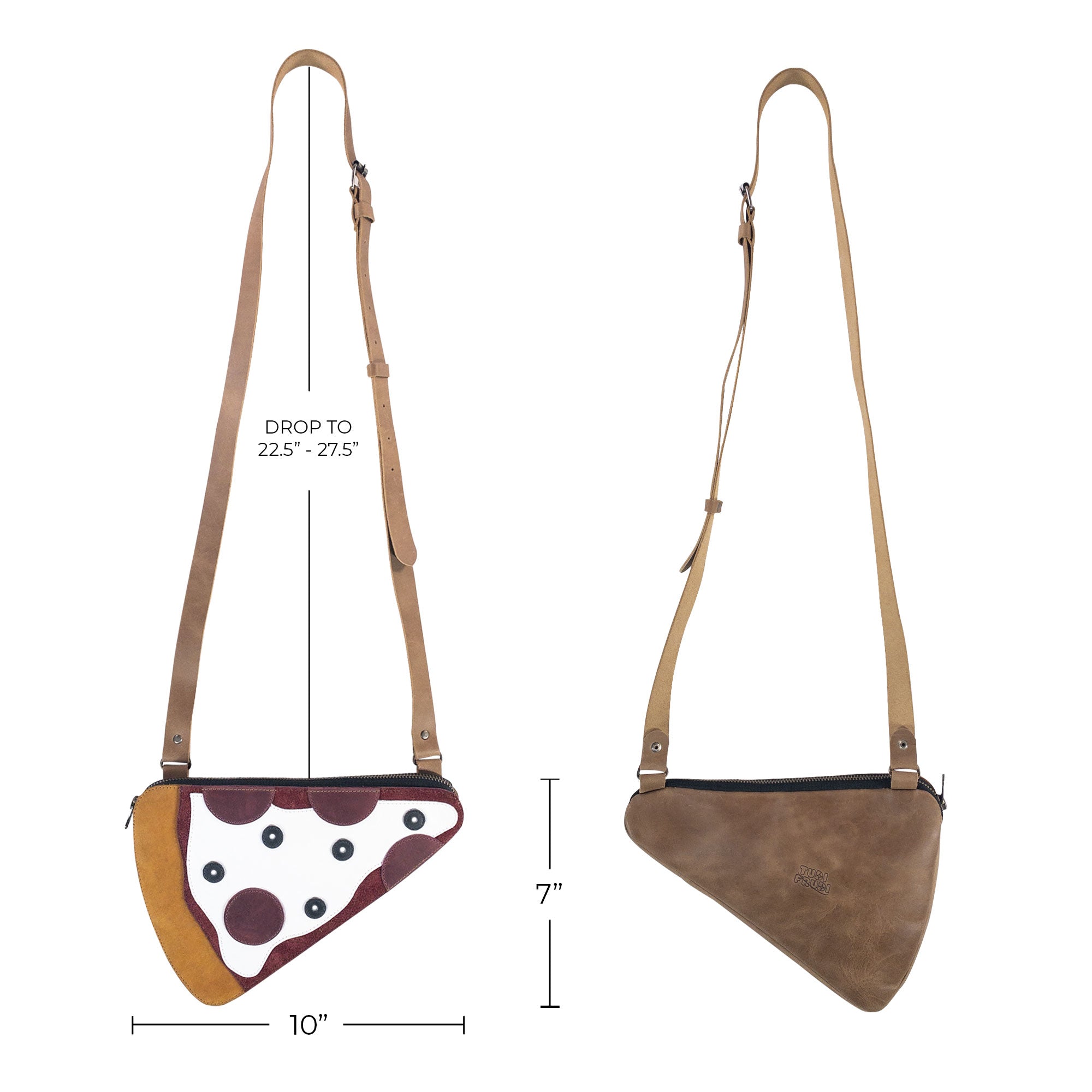Detailed image of the dimensions of the Tudi Frudi Pizza Slice-Shaped Shoulder Bag, made from Full Grain Leather. This artisan-crafted crossbody bag is designed with care, highlighting the quality of small batch production and hand sewing techniques from La Antigua Guatemala.