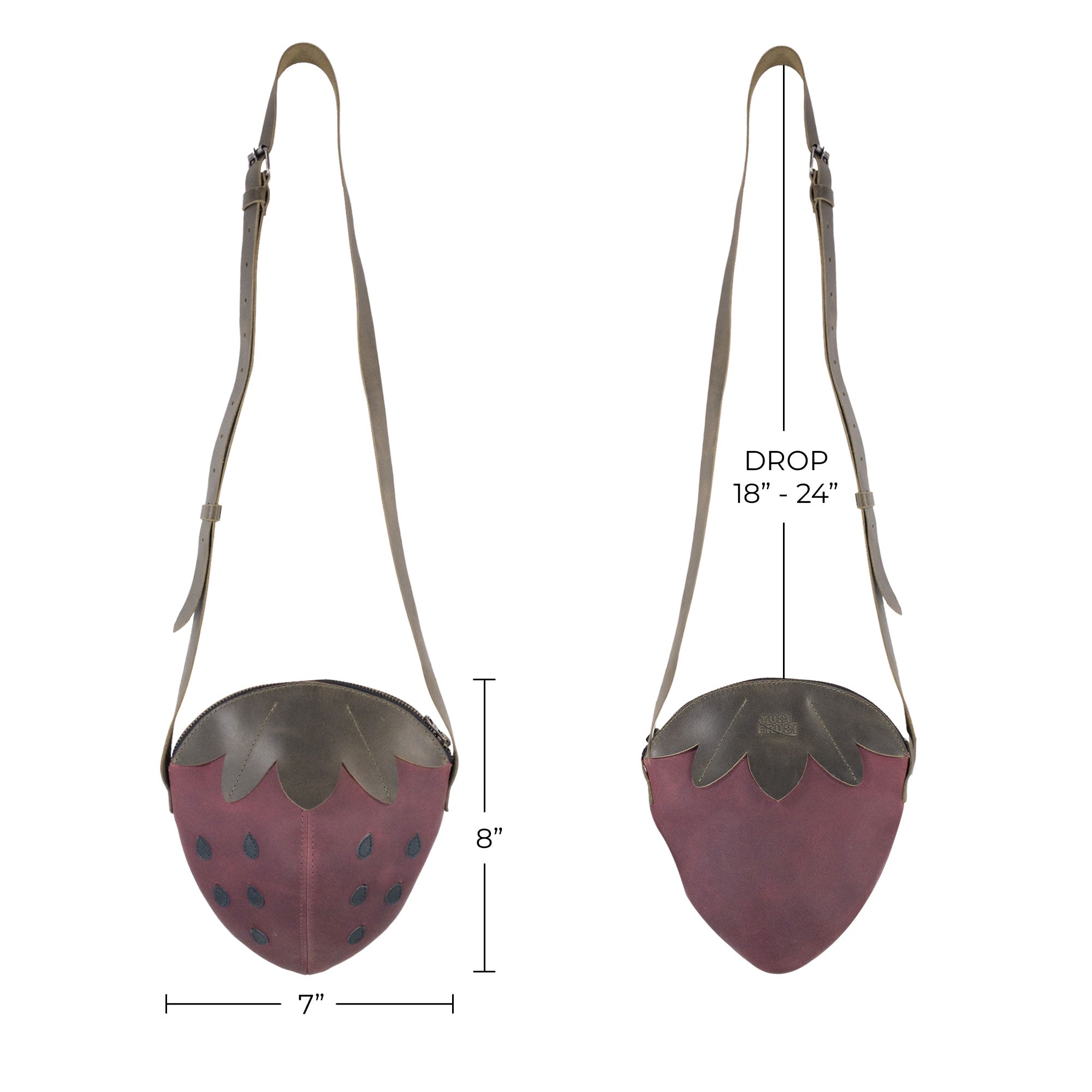 Dimensions of the Leather Strawberry-Shaped Shoulder Bag by Tudi Frudi illustrated with measurements. This stylish bag crafted from Full Grain Leather represents quality and craftsmanship through small batch production, hand-cut and hand-sewn features, and is proudly handmade in La Antigua Guatemala & Oaxaca Mexico.
