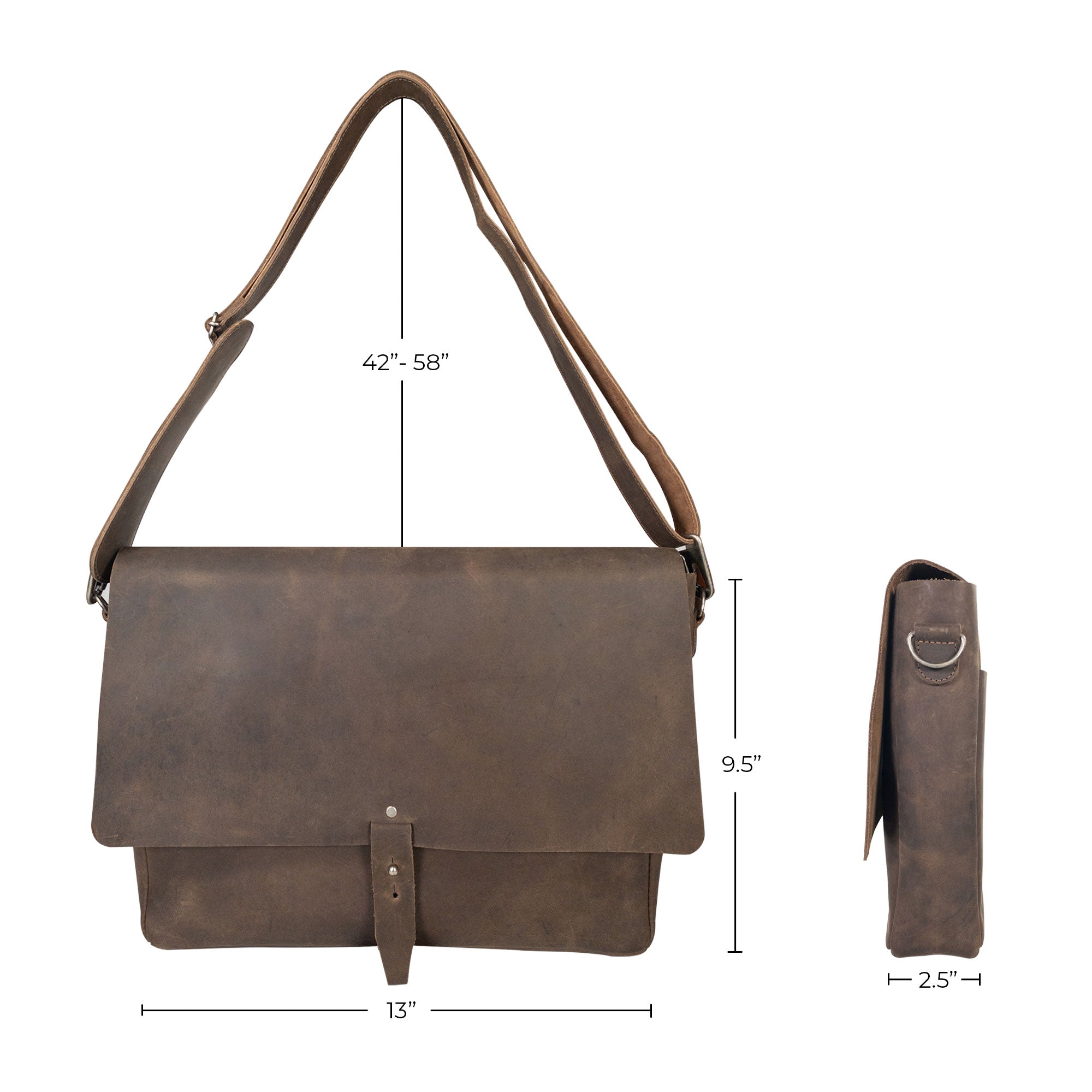 Size comparison of Hide & Drink's Messenger Bag with Adjustable Strap, showcasing its dimensions and versatility for carrying essentials. This messenger bag with shoulder strap, made from full grain leather, is a stylish classic portfolio that illustrates artisan craftsmanship through small batch production. Handmade in La Antigua Guatemala & Oaxaca Mexico.