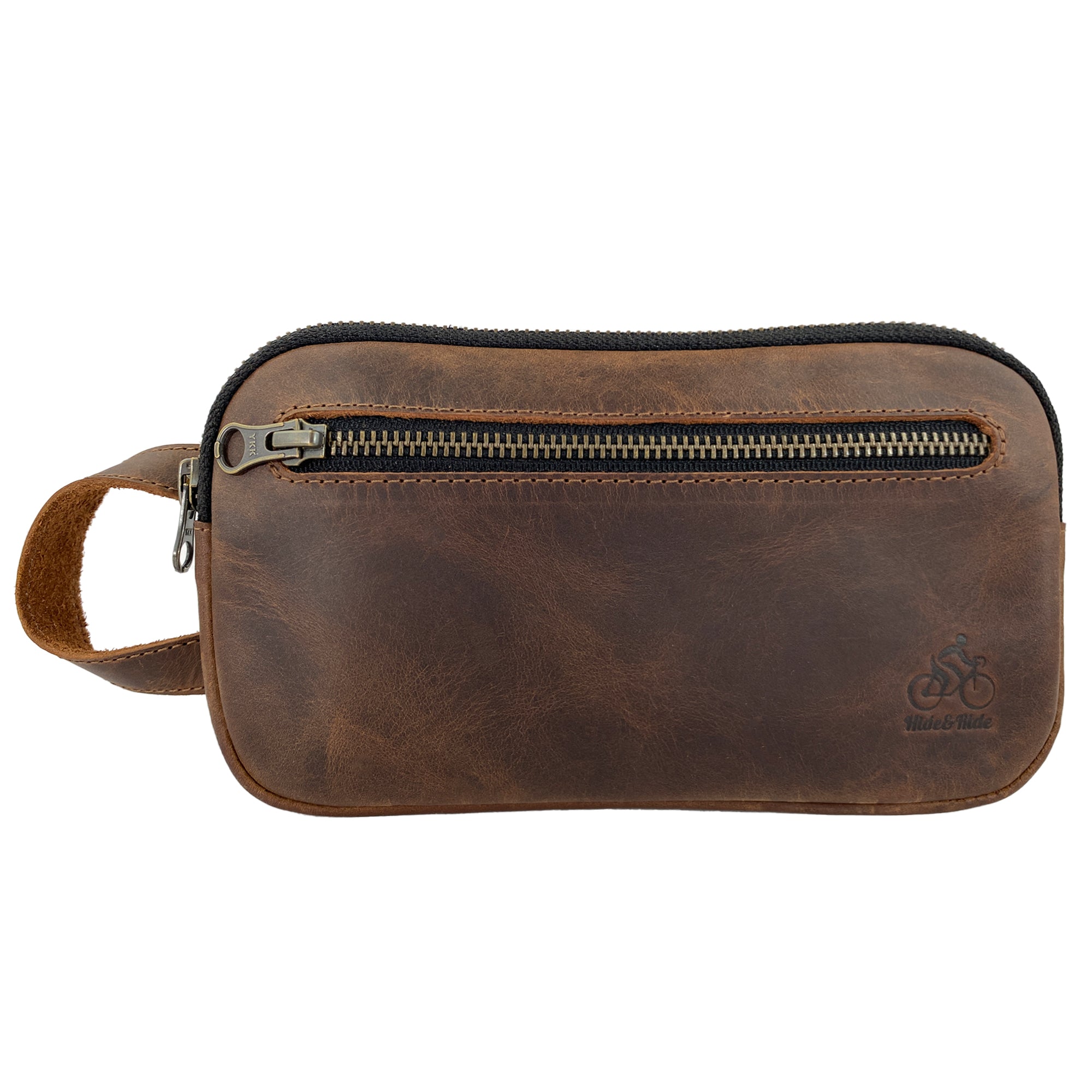 Hide & Ride Cycling Phone Bag made of full grain leather, perfect utility bag for small tools and personal items. Durable pouch designed for cell phone and chargers, handmade in La Antigua Guatemala. Ideal for cyclists looking for a practical and stylish accessory.