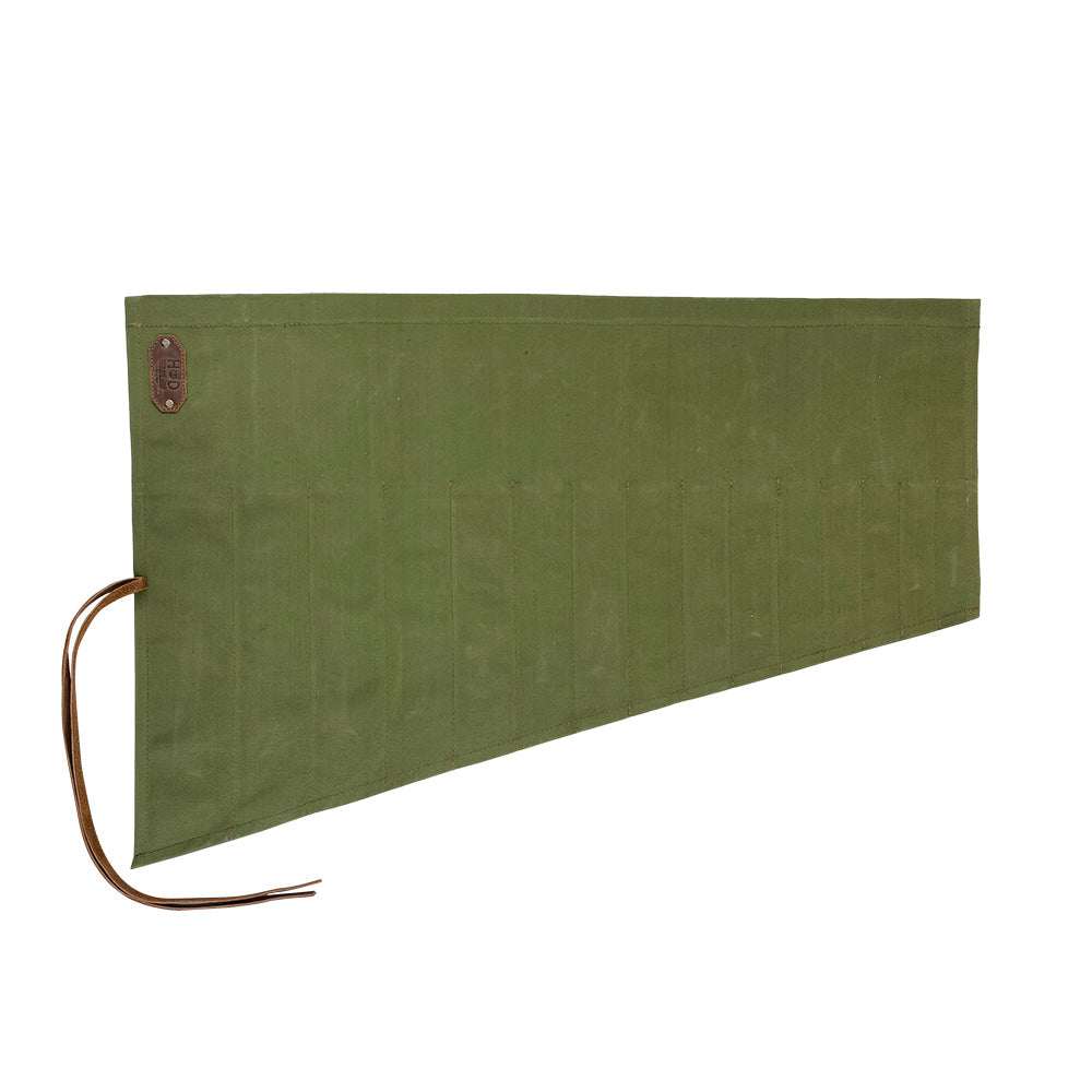 Hide & Drink Wrench Roll (15 Pockets), featuring a durable Water Resistant Waxed Canvas design, a perfect pouch for craftsmen to store wrenches securely, artisan-made in La Antigua Guatemala & Oaxaca Mexico.