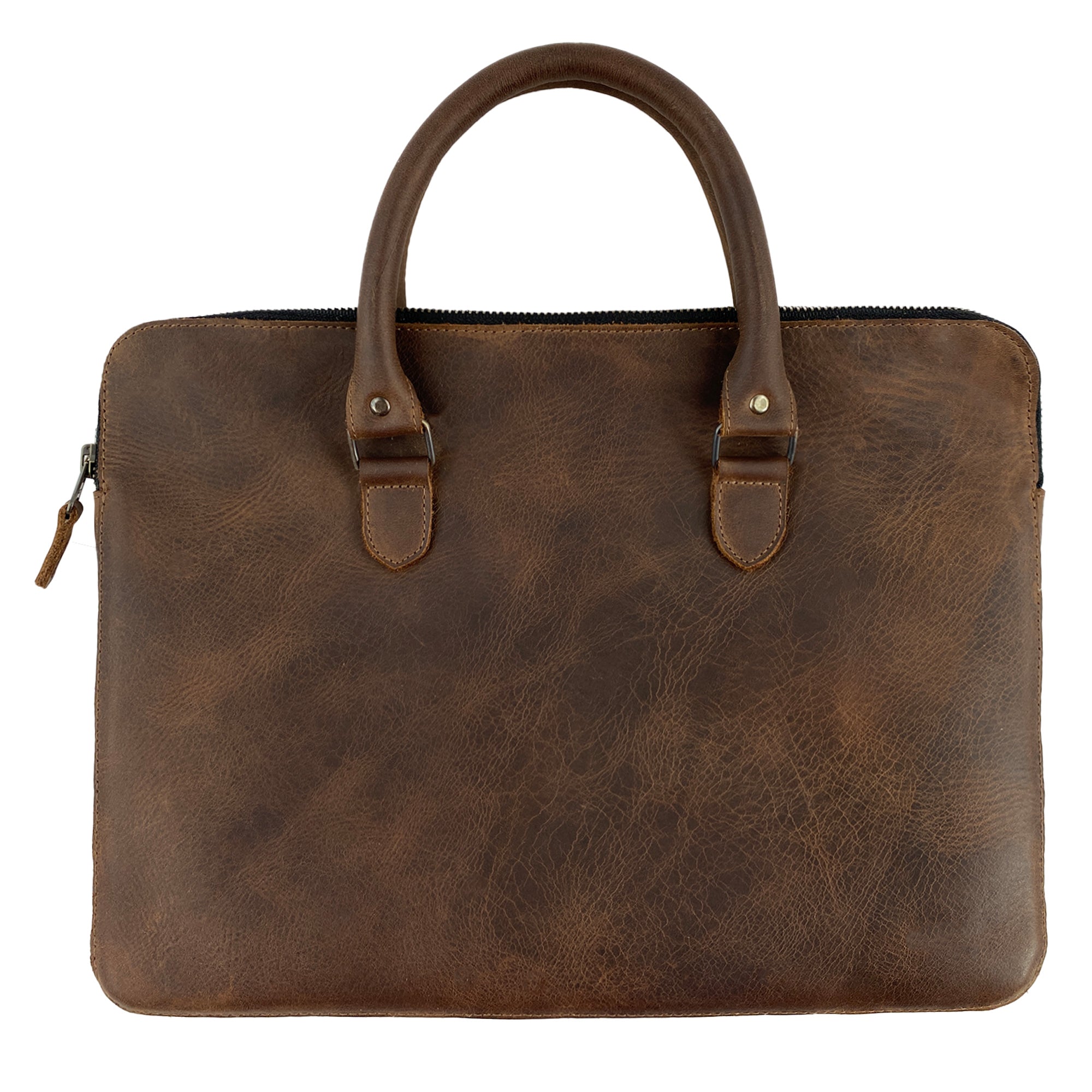 Back view of the LeatherTex 13" Laptop Portfolio Case highlighting its durable full grain leather finish, designed for compatibility with MacBook Air/Pro 13 Inch with M1 Chip. This artisan product is hand cut and hand sewn, reflecting the craftsmanship of LeatherTex from La Antigua Guatemala and Oaxaca Mexico.