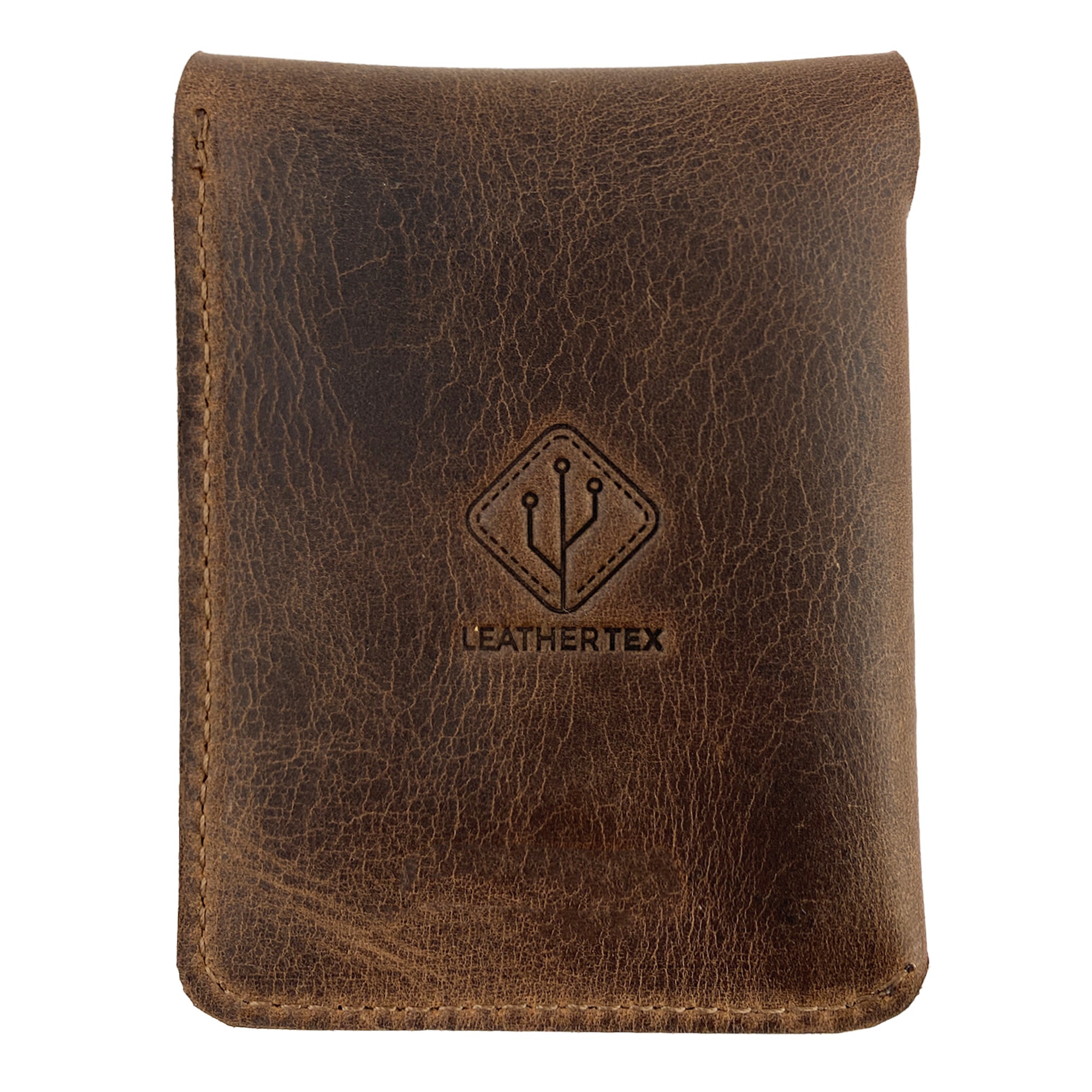 Back view of the Card Holder with AirTag Slot by LeatherTex, featuring the brand logo. Made from high-quality full grain leather, this stylish storage case for cash combines functionality with artisan craftsmanship. It‚Äôs a perfect travel accessory that‚Äôs both compact and durable, showcasing small batch production techniques handmade in La Antigua Guatemala.