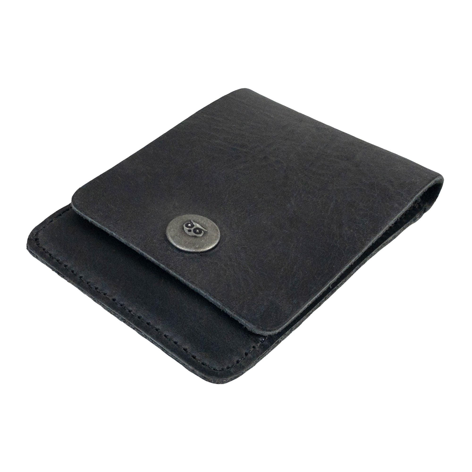 Interior view of a black Vertical Wallet by Hide & Drink, showing its card holder and cash storage. This Vertical Front Pocket Wallet with Card Slot is crafted for compact storage solutions, made from full grain leather showcasing small batch production with hand cut and hand sewn details, fire branded just for you. Handmade in La Antigua Guatemala & Oaxaca Mexico.