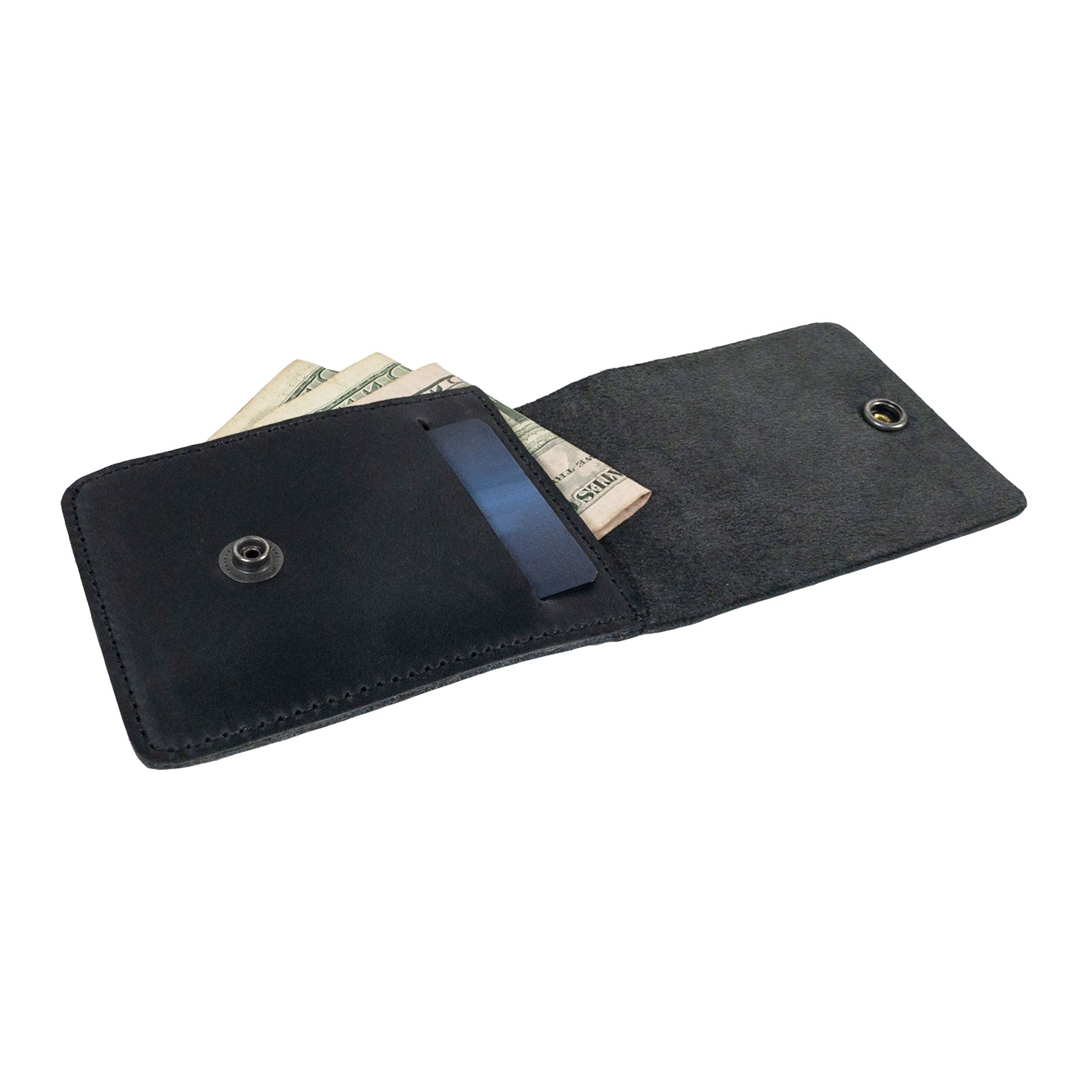 Back view of the black Vertical Wallet by Hide & Drink with branding detail. This Vertical Front Pocket Wallet with Card Slot combines style and compact storage for bills and cards, showcasing full grain leather craftsmanship through small batch production with hand cut and hand sewn methods, fire branded by skilled artisans. Handmade in La Antigua Guatemala & Oaxaca Mexico.