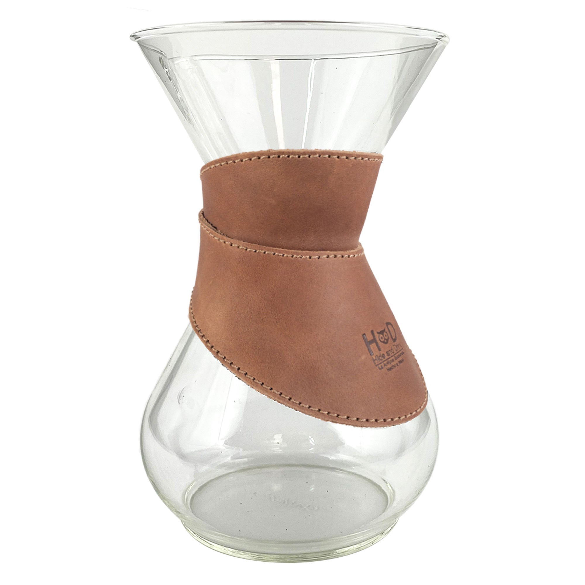 Close-up of Hide & Drink Chemex Collar in brown leather, focusing on its fine stitching and quality design. This collar is perfect for Chemex 6-Cup Glass, artisan-crafted in La Antigua Guatemala & Oaxaca Mexico.