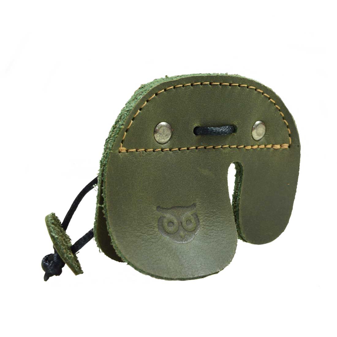 The Hide & Drink Left Handed Archery Finger Protector elegantly presented in a close-up shot. This Archery Finger Tab is a reliable Protect Guard for Recurve Bows, made from fine Full Grain Leather. Enhance your shooting practice gear with this artisan piece from StockyardX, reflecting quality and durability.