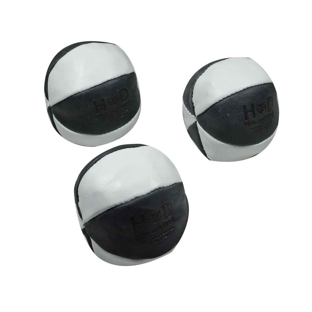 Hide & Drink Leather Juggling Balls (3-Pack) featuring a stylish black and white design. Full Grain Leather Juggling Balls Set of 3, produced via Small Batch Production, Hand Cut, Hand Sewn, and Fire Branded by skilled Artisans. Handmade in La Antigua Guatemala & Oaxaca Mexico.