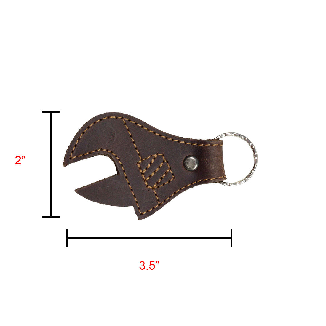 Measuring dimensions of the Hide & Drink Wrench Keychain on a white background, showcasing its functional design. Crafted from Full Grain Leather, this keychain is a perfect tool accessory, highlighting artisan craftsmanship in La Antigua Guatemala.