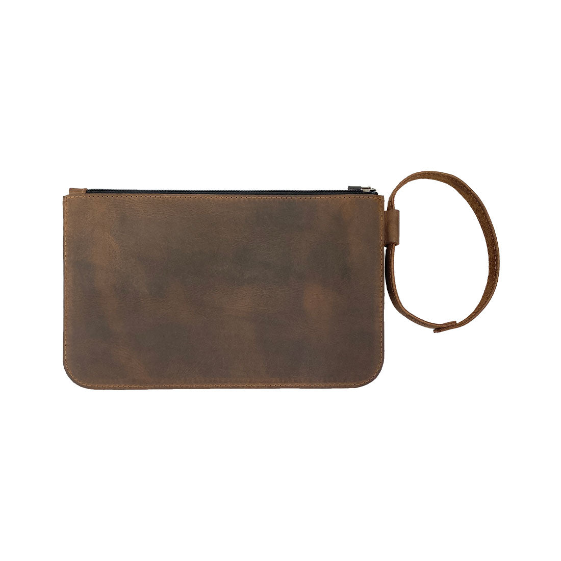 Back view of Heather's Rustic Clutch Bag, highlighting its sleek silhouette and full grain leather texture. This travel case is a perfect accessories pouch for makeup and toiletries, designed for lasting durability. Each piece is artisan crafted, hand cut, and hand sewn with care, showcasing small batch production quality from La Antigua Guatemala & Oaxaca Mexico.