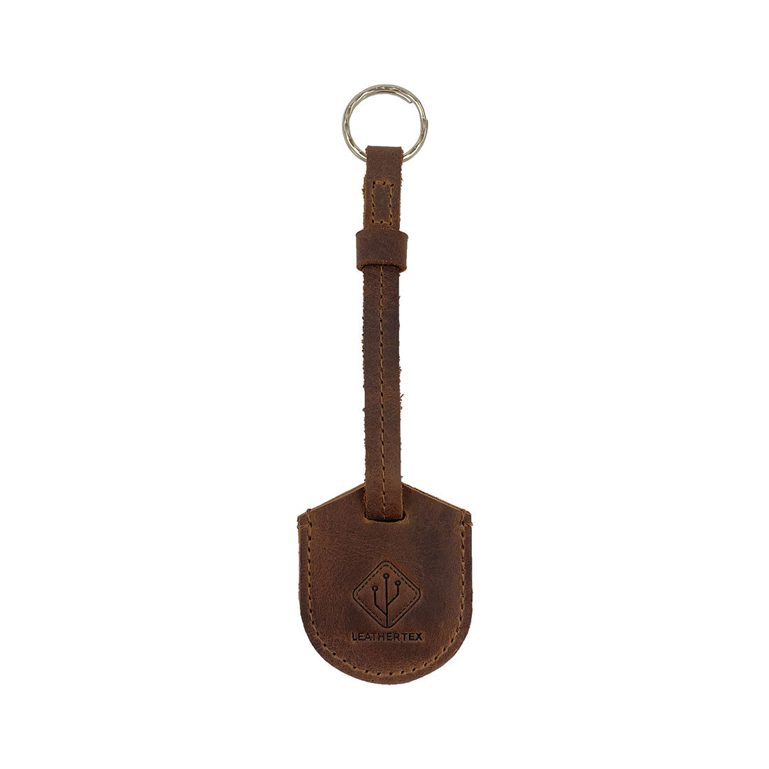 LeatherTex Rustic Strap Keyring for AirTag featuring a premium full grain leather design, perfect as a keychain holder for car and home. This key organizer accessory is handmade in La Antigua Guatemala with small batch production, showcasing artisan craftsmanship through hand cutting, hand sewing, and fire branding.