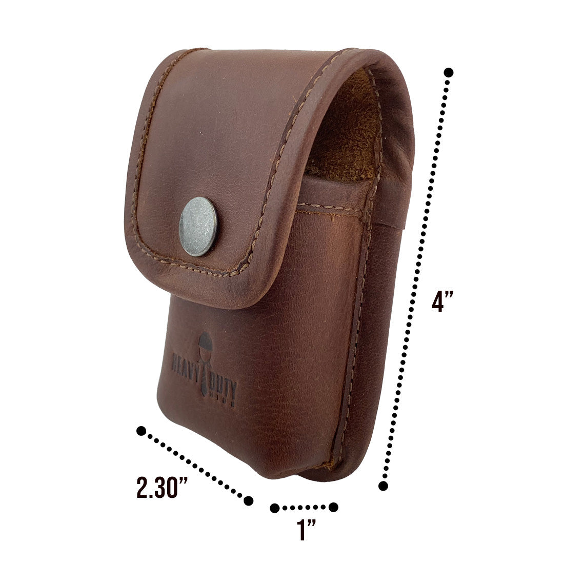 Heavy Duty Hide Multitool Sheath with measurement details displayed, showcasing its compact size and practical design. This full grain leather utility case makes for a fantastic gift and useful accessory for carrying tools, artisan-made in La Antigua Guatemala.
