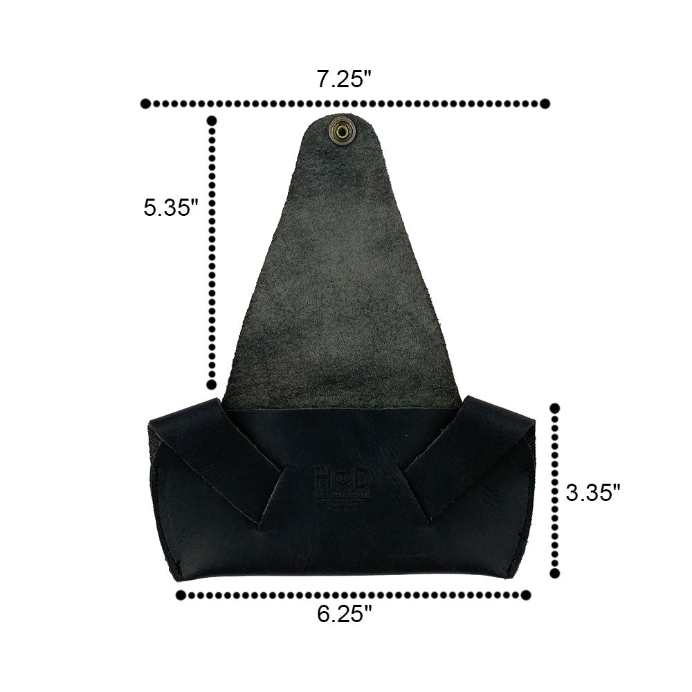 Dimensions overview of the black Foldable Sunglass Case by Hide & Drink, showcasing its size specifications. This Full Grain Leather case emphasizes the artisan quality and meticulous craftsmanship found in small batch production.
