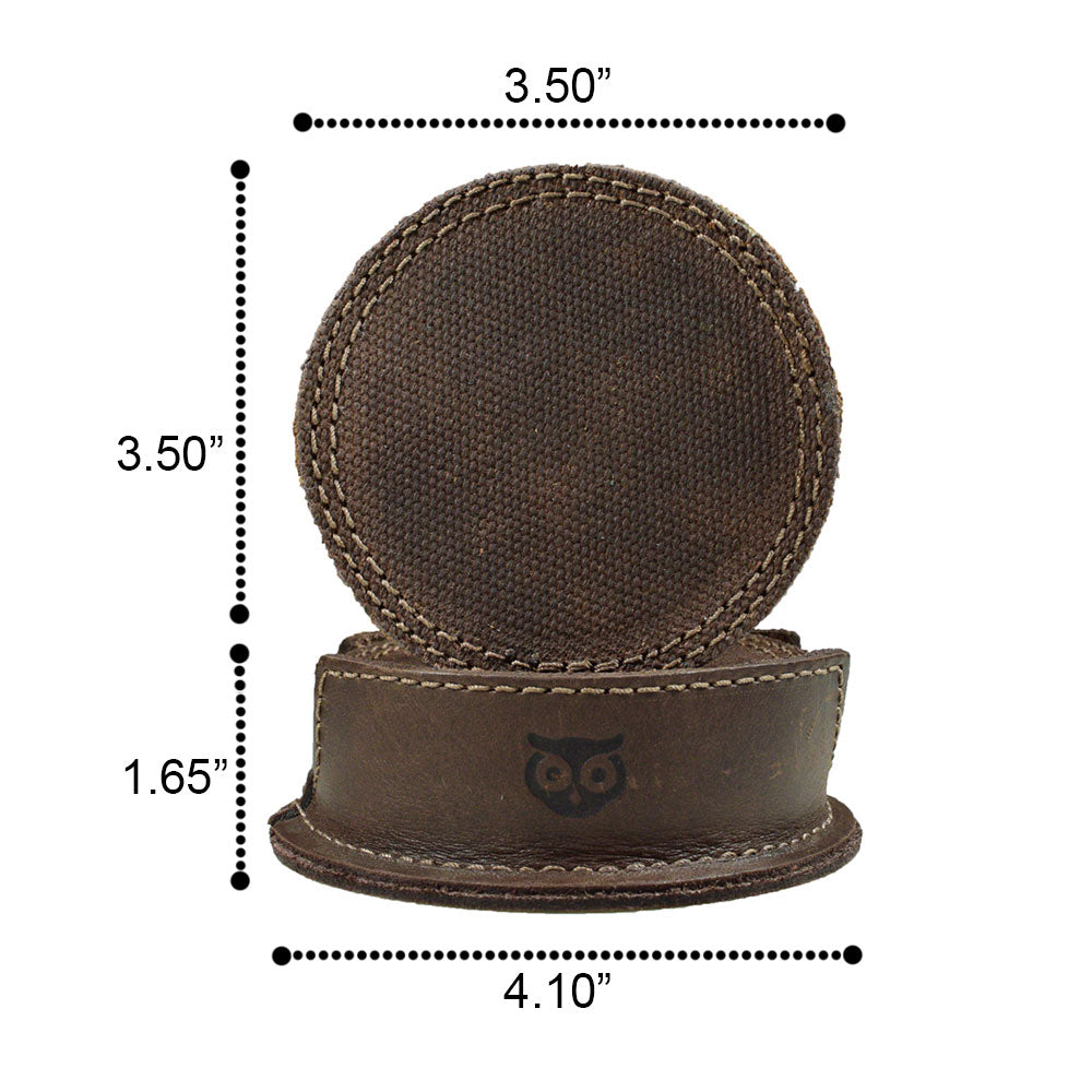 Presenting the Circles Coaster (8-Pack) by Hide & Drink, complete with coasters and a holder, alongside a quality care card. An artisan product perfect for protecting your furniture surfaces, made from durable waxed canvas and full grain leather.