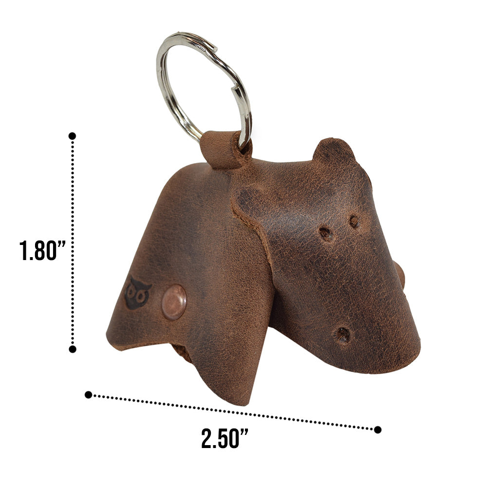 Dimensions of the Full Grain Leather Animal Key Chain by Hide & Drink, featuring a cute cow design. This Critter Keychain serves as a functional fob charm and animal key holder charm pendant, crafted with excellence in La Antigua Guatemala.