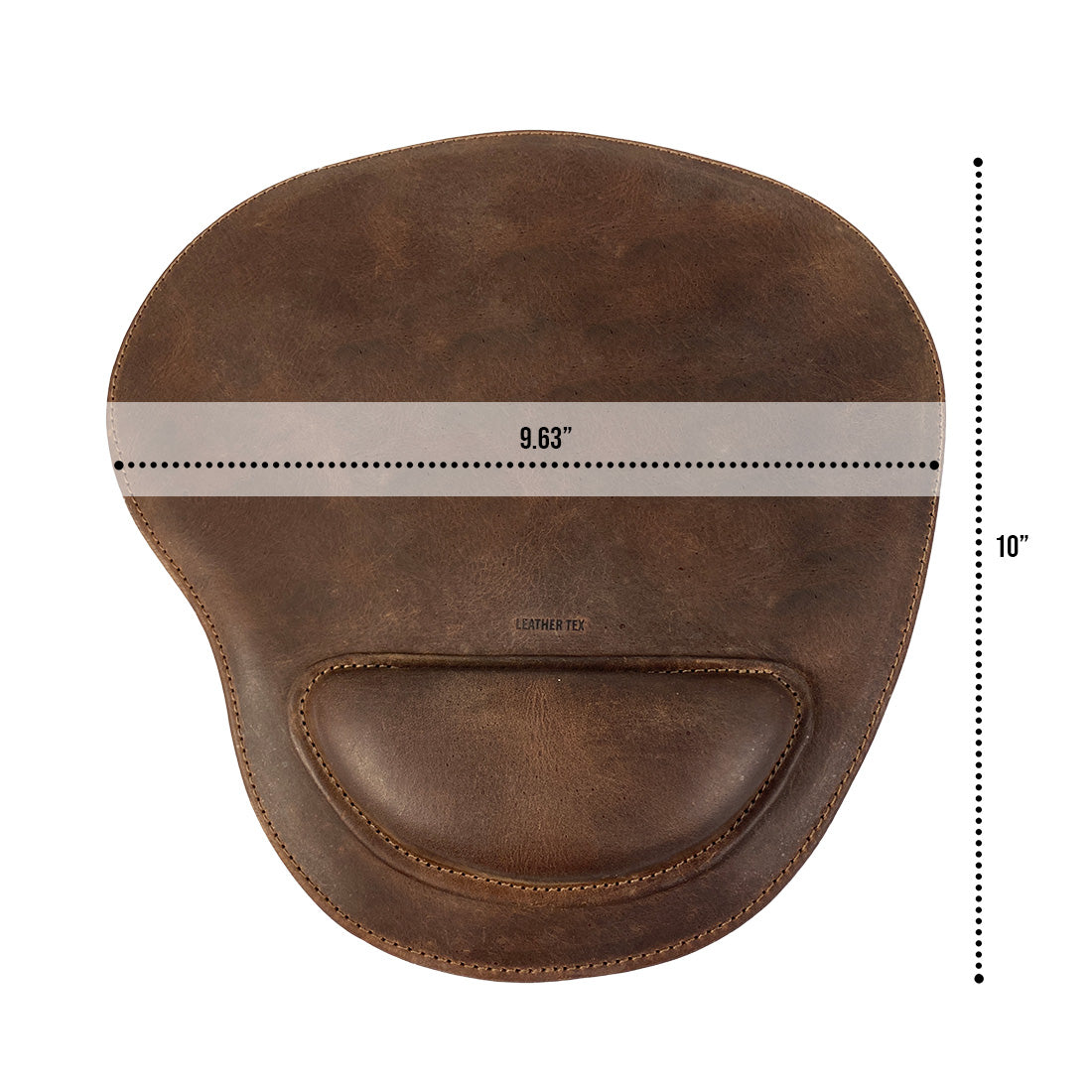 Dimensions of the Rustic Oval Shape Mousepad by LeatherTex, clearly showing its size at 9.63 inches by 10 inches. This stylish full grain leather mousepad is great for computers, laptops, and Macs, featuring an anti-slip design. Handcrafted with dedication in La Antigua Guatemala & Oaxaca Mexico.
