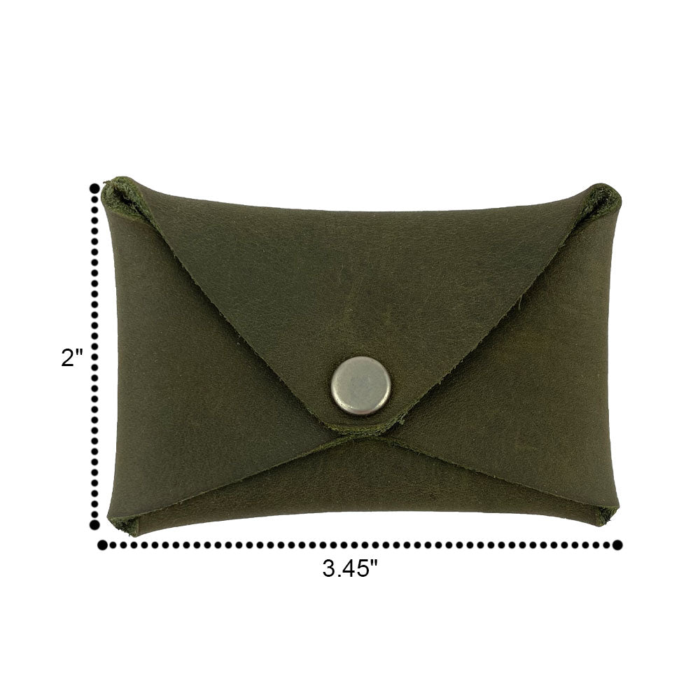 Dimensions of the Hide & Drink Envelope Coin Case in olive green, showcasing its compact design. Handcrafted from full grain leather, this artisan item exemplifies handmade quality from La Antigua Guatemala & Oaxaca Mexico.