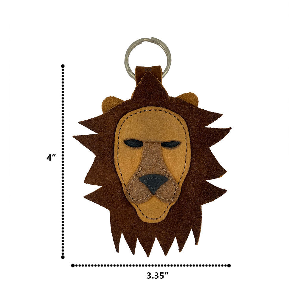 Dimensions of the Lion Keychain by Hide & Drink, displaying its rustic suede leather design, measuring 4 inches tall. This artisan-crafted key ring holder not only represents the Leo zodiac sign but also emphasizes the quality of small batch production in La Antigua Guatemala & Oaxaca Mexico.
